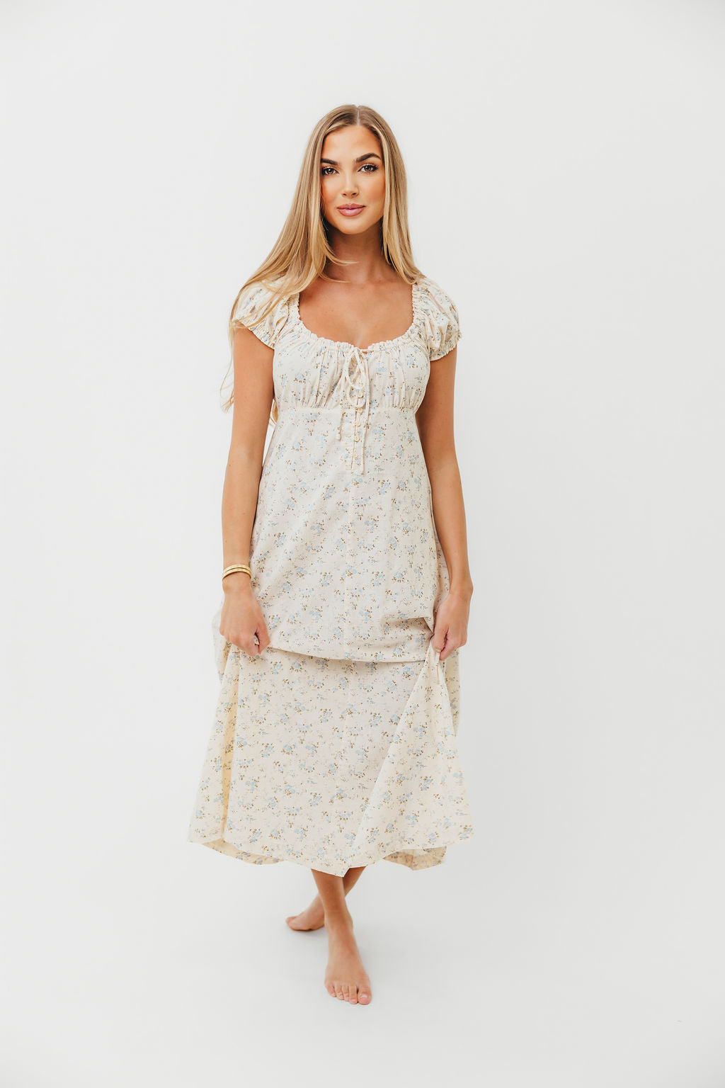 Marley 100% Cotton Midi Dress - Ivory & Blue Floral Print | Bump Friendly Maternity Dress | Perfect for Baby Showers, Brunch & Summer Outings