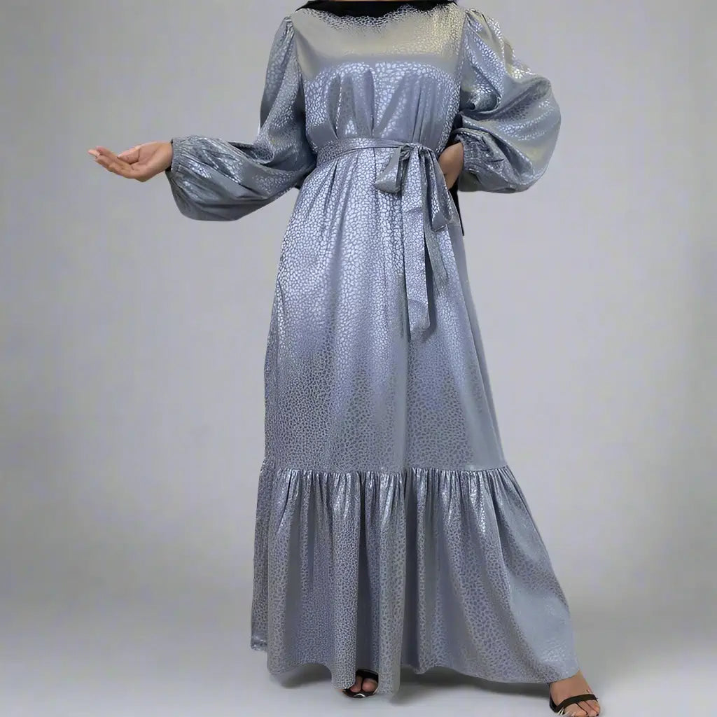 Elegant Muslim Women's Satin Printed Abaya Dress with Pockets - Modest Islamic Prayer Dress for Mosque, Eid & Special Occasions