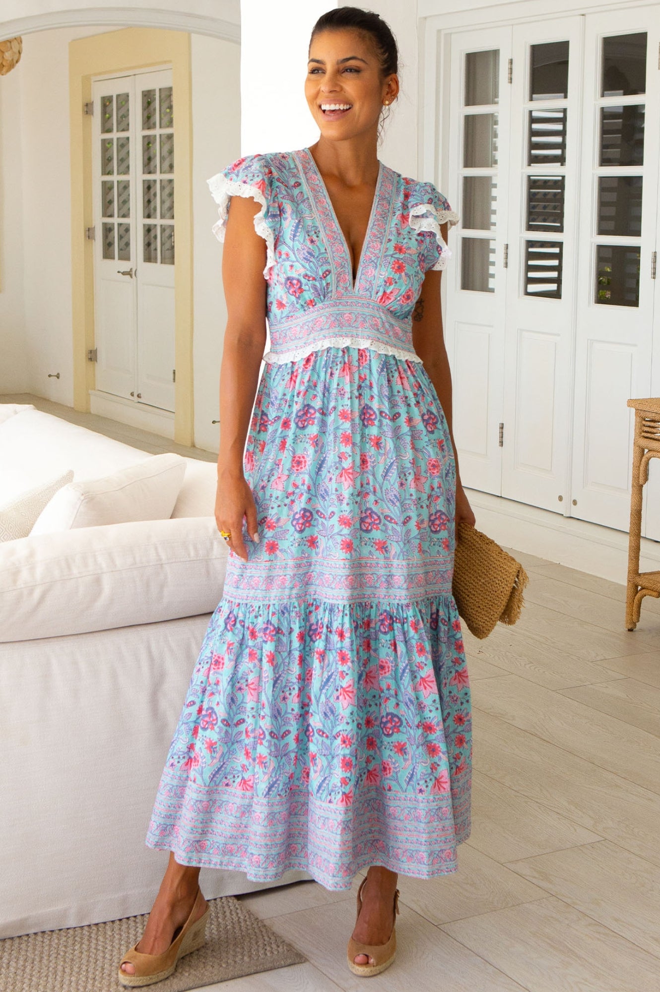 Pippa Block Print Dress - Floral Cotton Maxi Dress in Gardenia Blue & Red | Perfect for Summer Outings, Beach Vacations & Boho Fashion