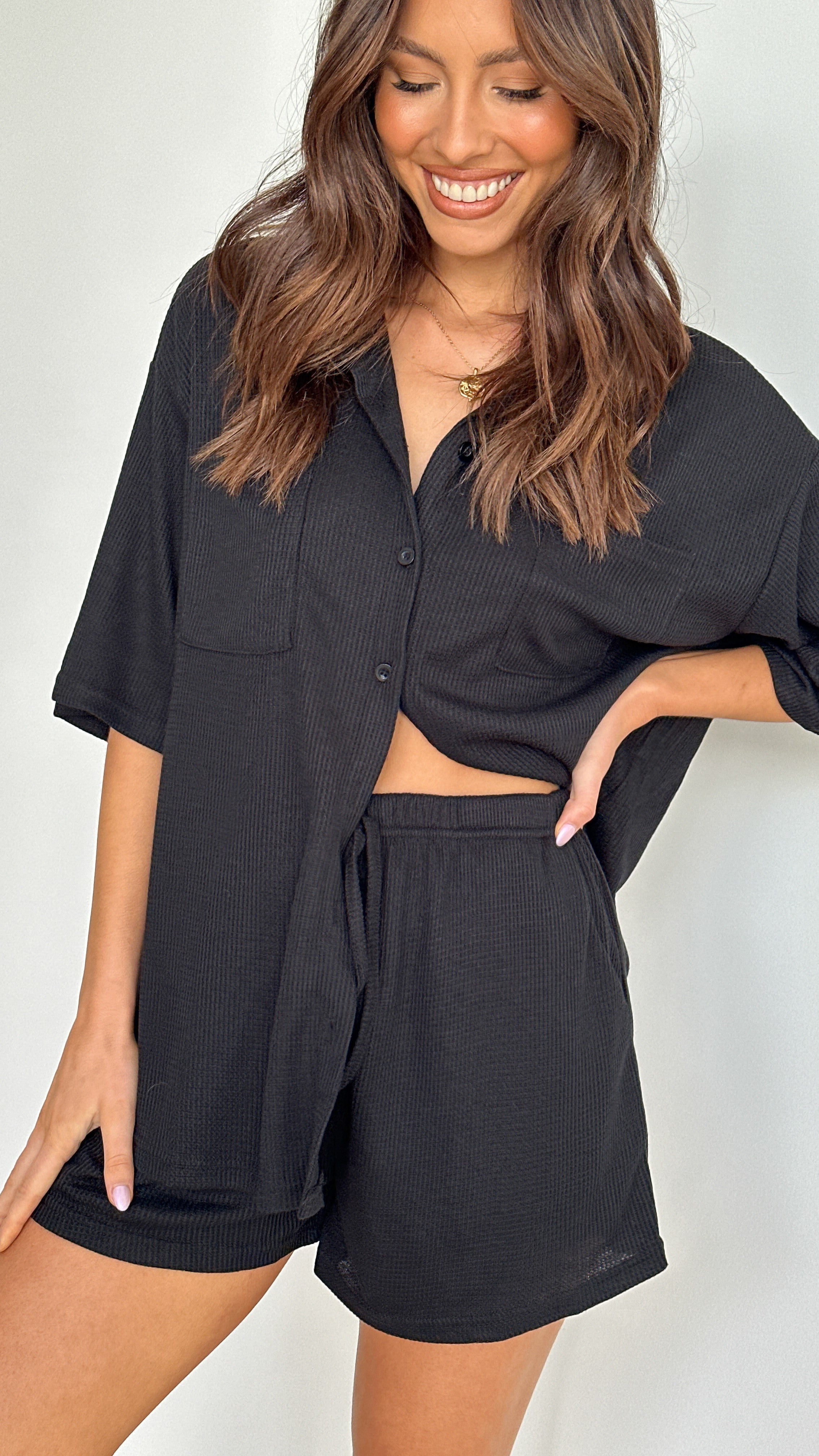 Machiko Black Waffle Knit Button Up Shirt and Shorts Set - Women's Casual Lounge Outfit for Home & Vacation