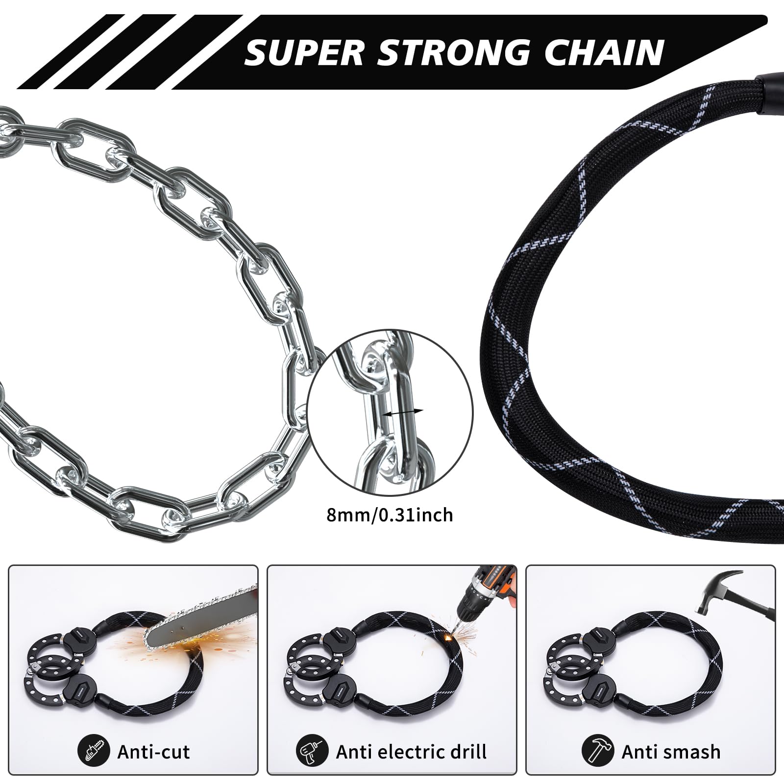 Heavy Duty Electric Scooter Lock - High Security Bike Chain Lock with Key for E-Bike, Motorcycle & Ninebot - Anti-Theft Protection for Urban Commuting & Outdoor Adventures