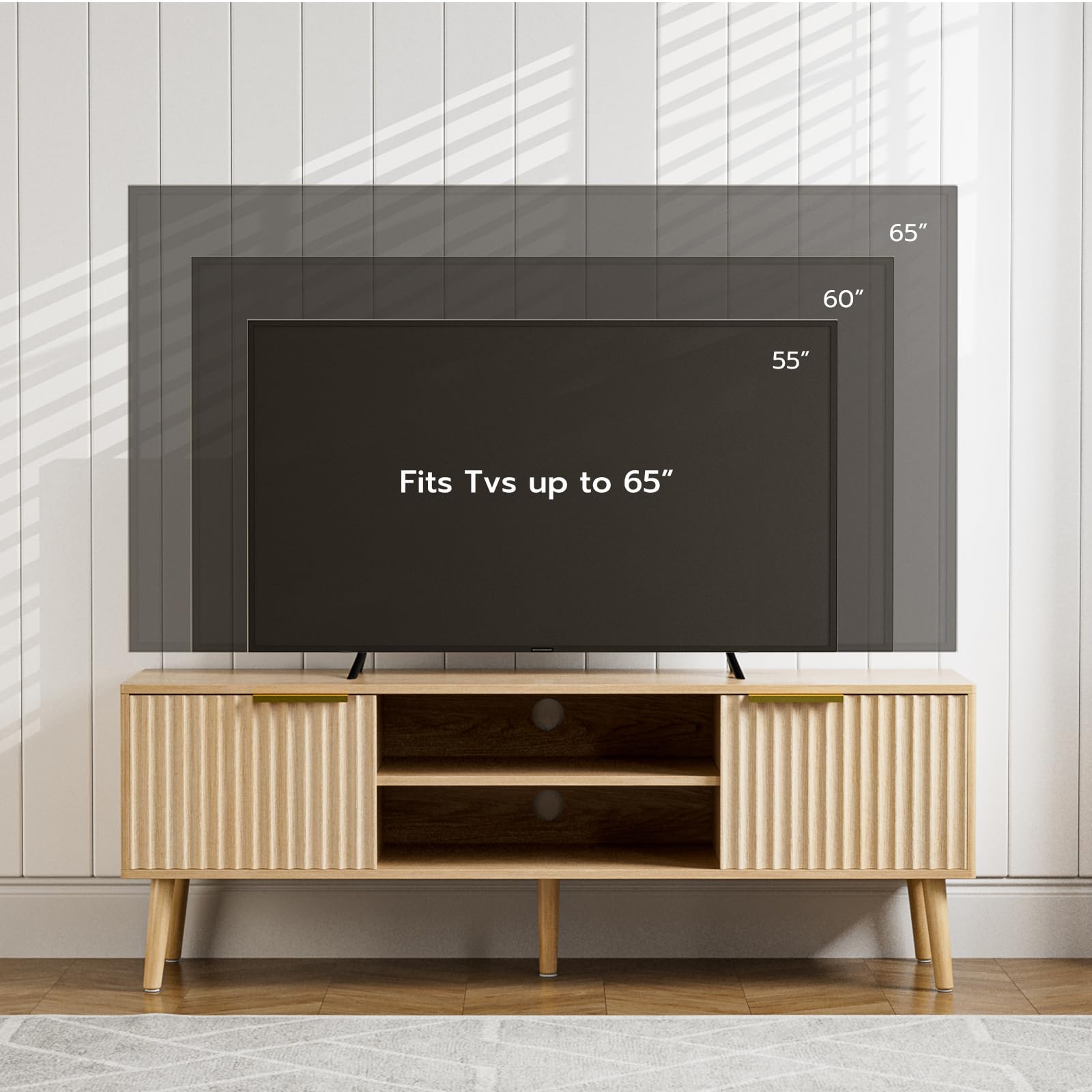 Modern TV Stand for 55/60/65 Inch TVs - Oak Entertainment Center with Fluted Door Cabinets & Open Shelves - Living Room & Bedroom Media Console - Perfect for Home Theater & Family Entertainment Spaces