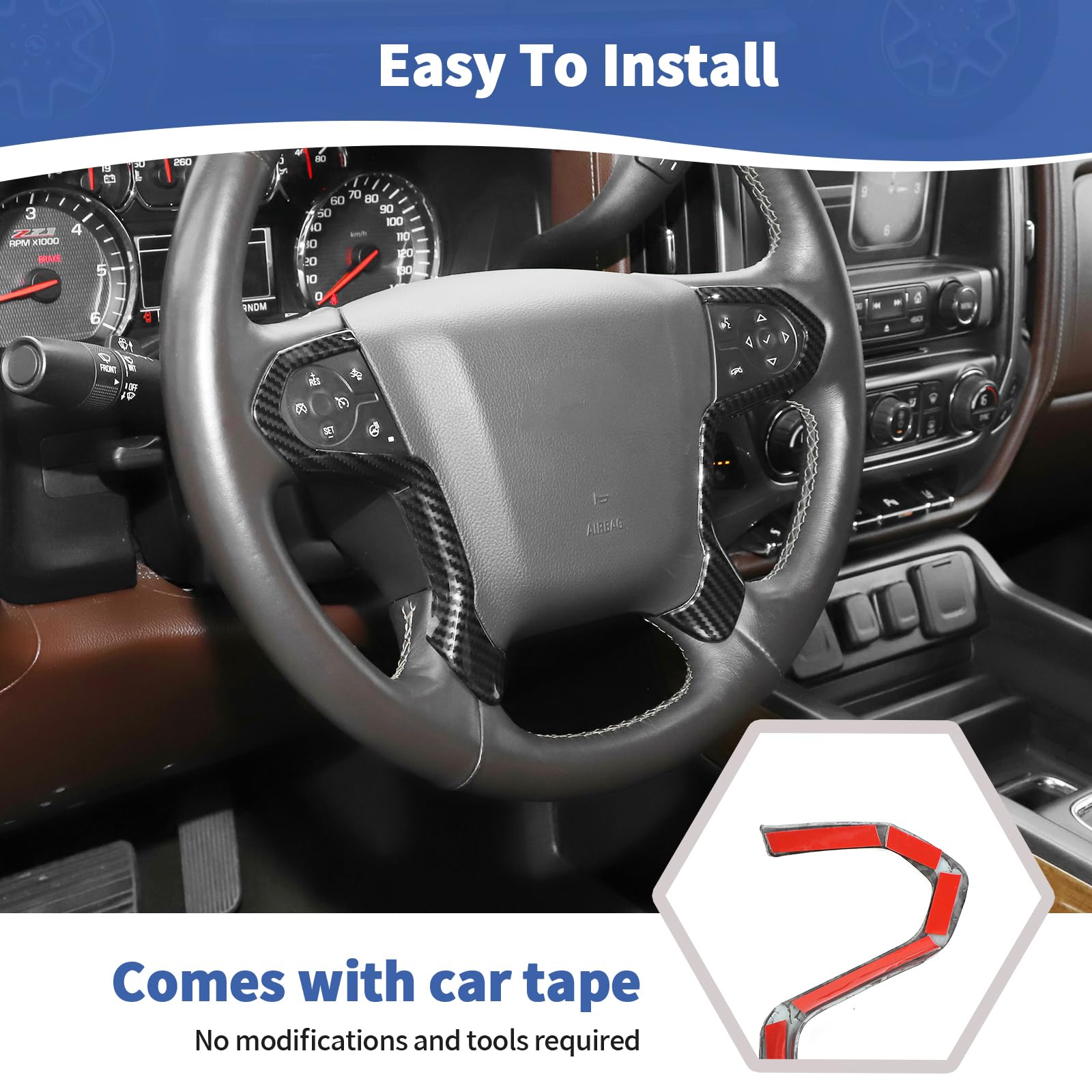 2014-2018 Chevy Silverado Carbon Fiber Steering Wheel Trim | GMC Sierra/Yukon & Chevy Suburban/Tahoe Compatible | Black Carbon Fiber Grain Interior Upgrade (2-Piece Set) | Enhance Your Truck's Luxury Style for Daily Driving & Car Shows