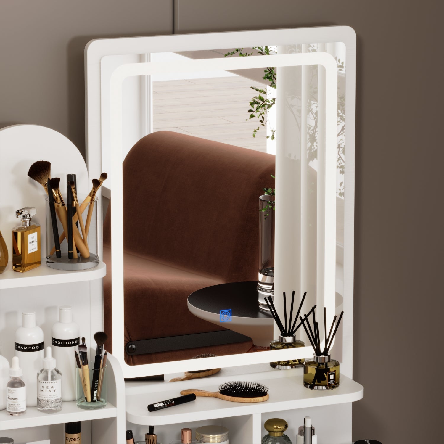 Vanity Set with Stool, Mirror, LED Lights & 3-Tier Storage Shelves - 5 Drawer Makeup Dressing Table for Bedroom, Bathroom & Salon (White) - Perfect for Makeup Organization & Beauty Routine