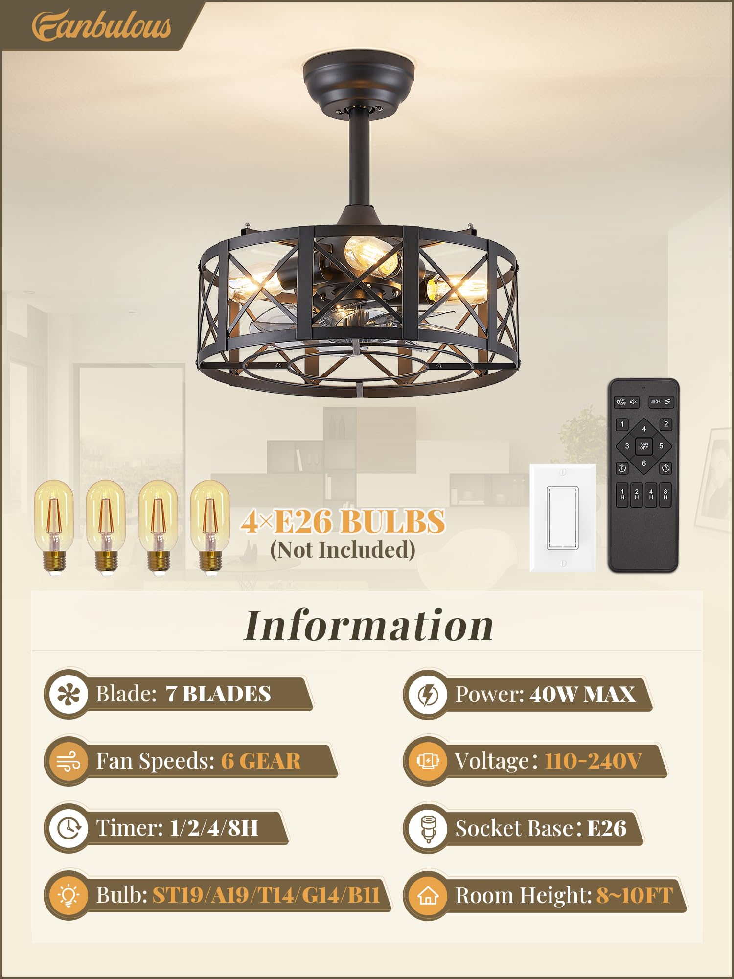 16 Inch Black Caged Ceiling Fan with Light and Remote Control - 6 Speed Adjustable Farmhouse Style Fandelier with Timer - Perfect for Kitchen, Bedroom, Outdoor Patio, and Living Room Decoration