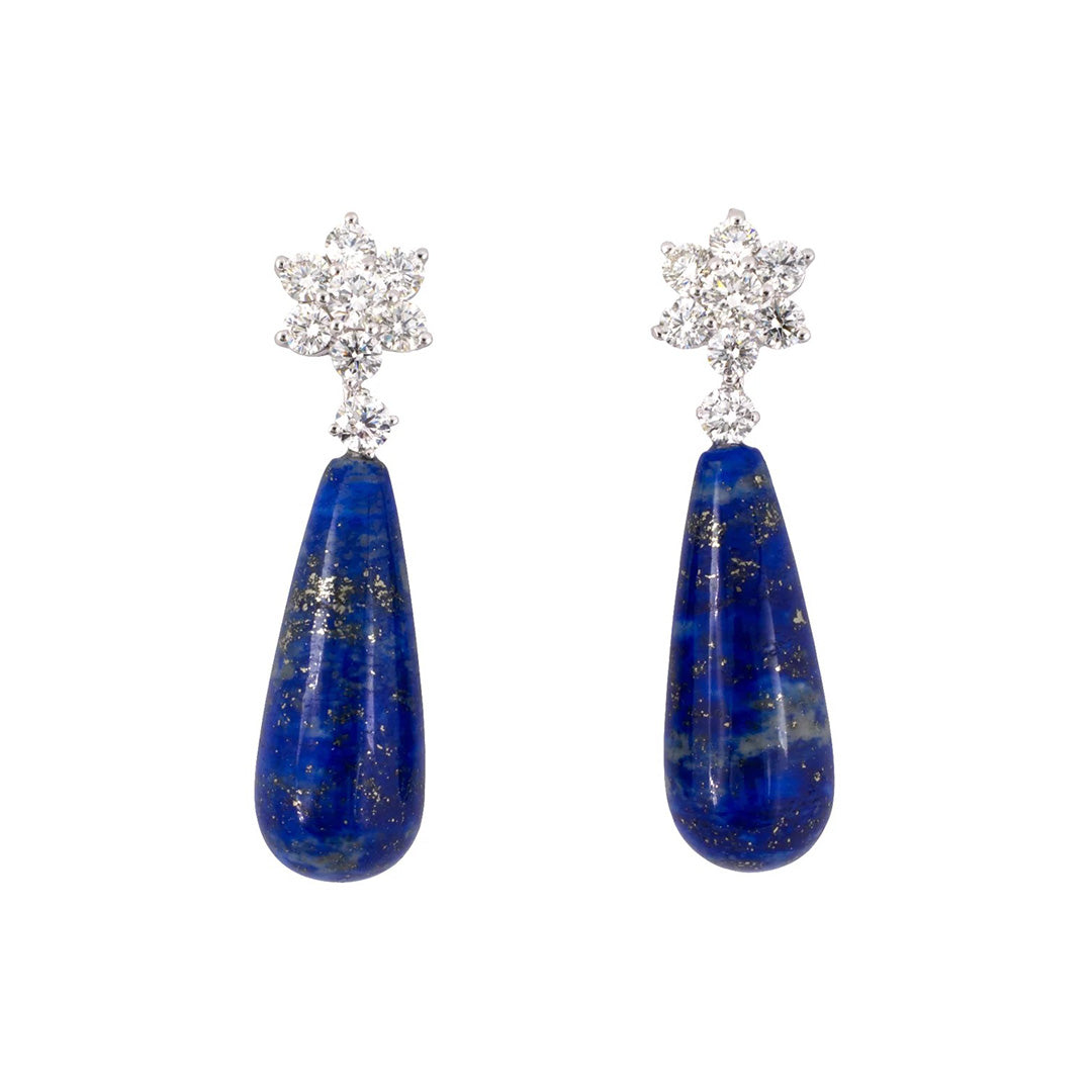 Exquisite Diamond Cluster & Lapis Lazuli Teardrop Dangle Earrings for Women | Elegant Handmade Jewelry Gift for Brides, Parties & Special Occasions