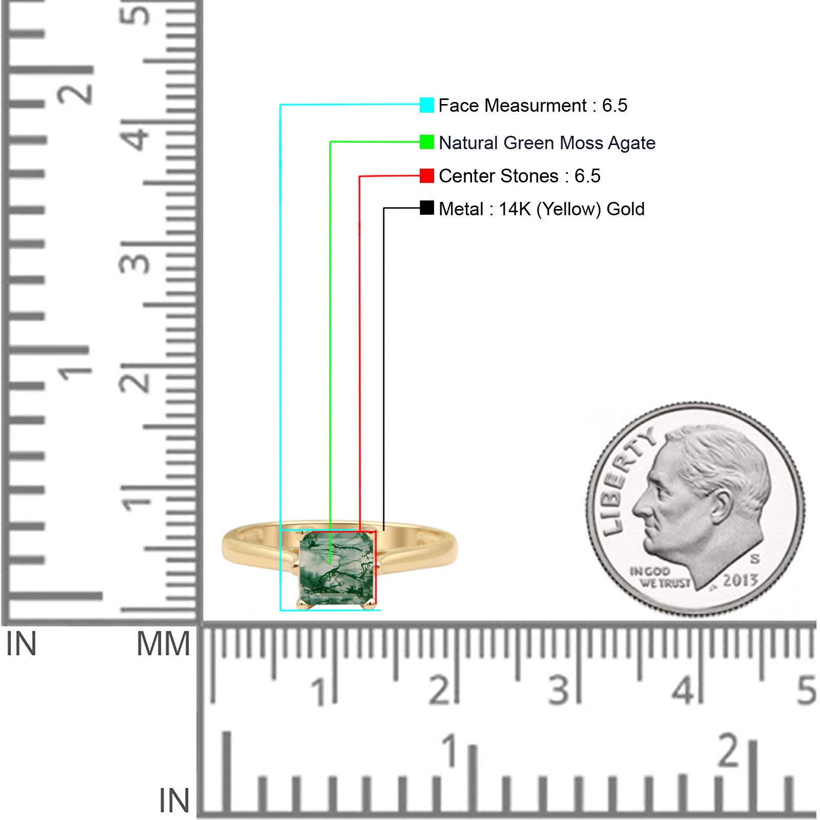 14K Yellow Gold Princess Cut Solitaire Natural Green Moss Agate Ring for Women - Elegant Birthstone Jewelry Gift for Anniversary, Engagement & Special Occasions
