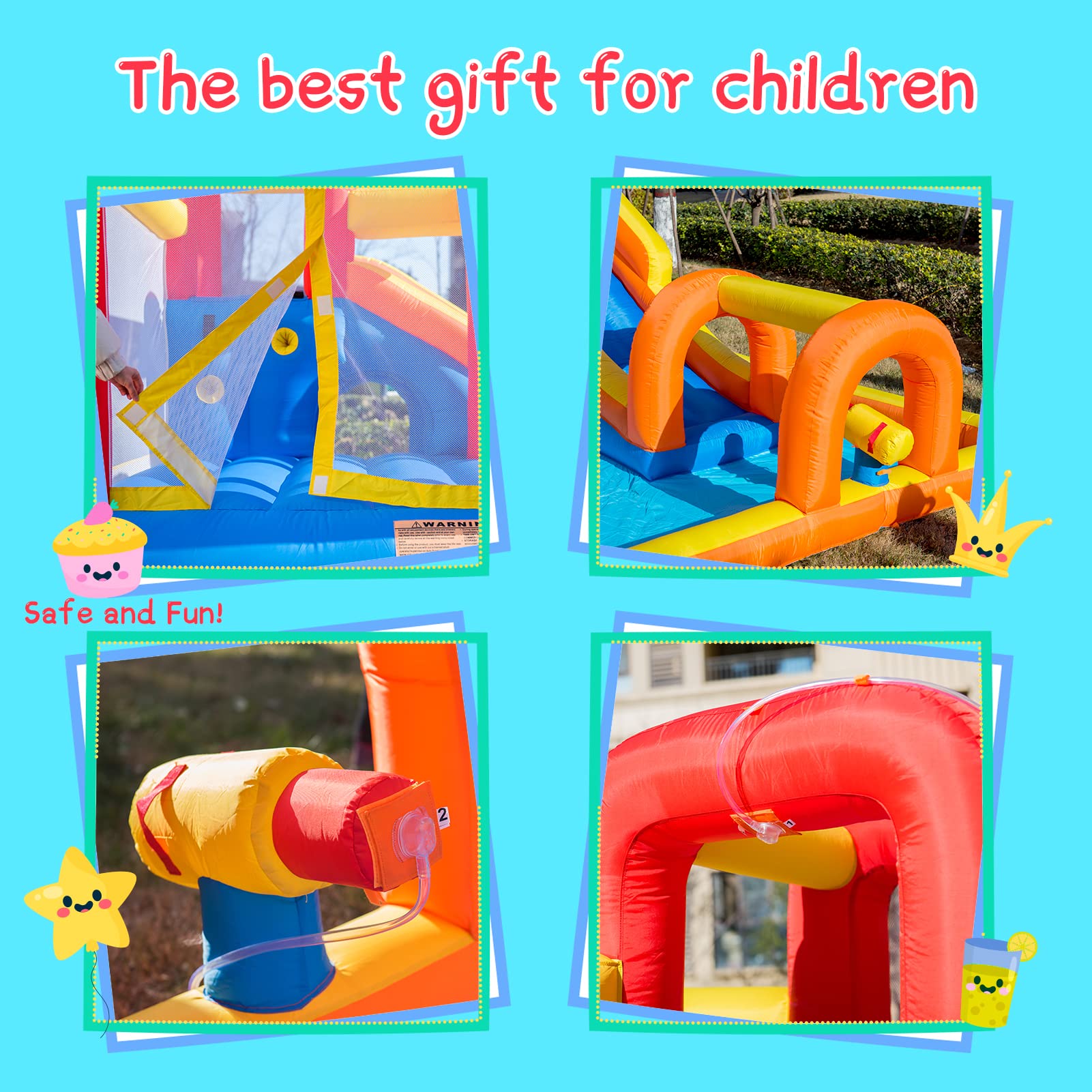 Baralir Inflatable Bounce House Water Park with Long Slide & Splash Pool for 5 Kids - Outdoor Backyard Summer Fun with Cave, Tunnel & Water Cannon for Birthday Parties, Family Gatherings & Kids Playtime