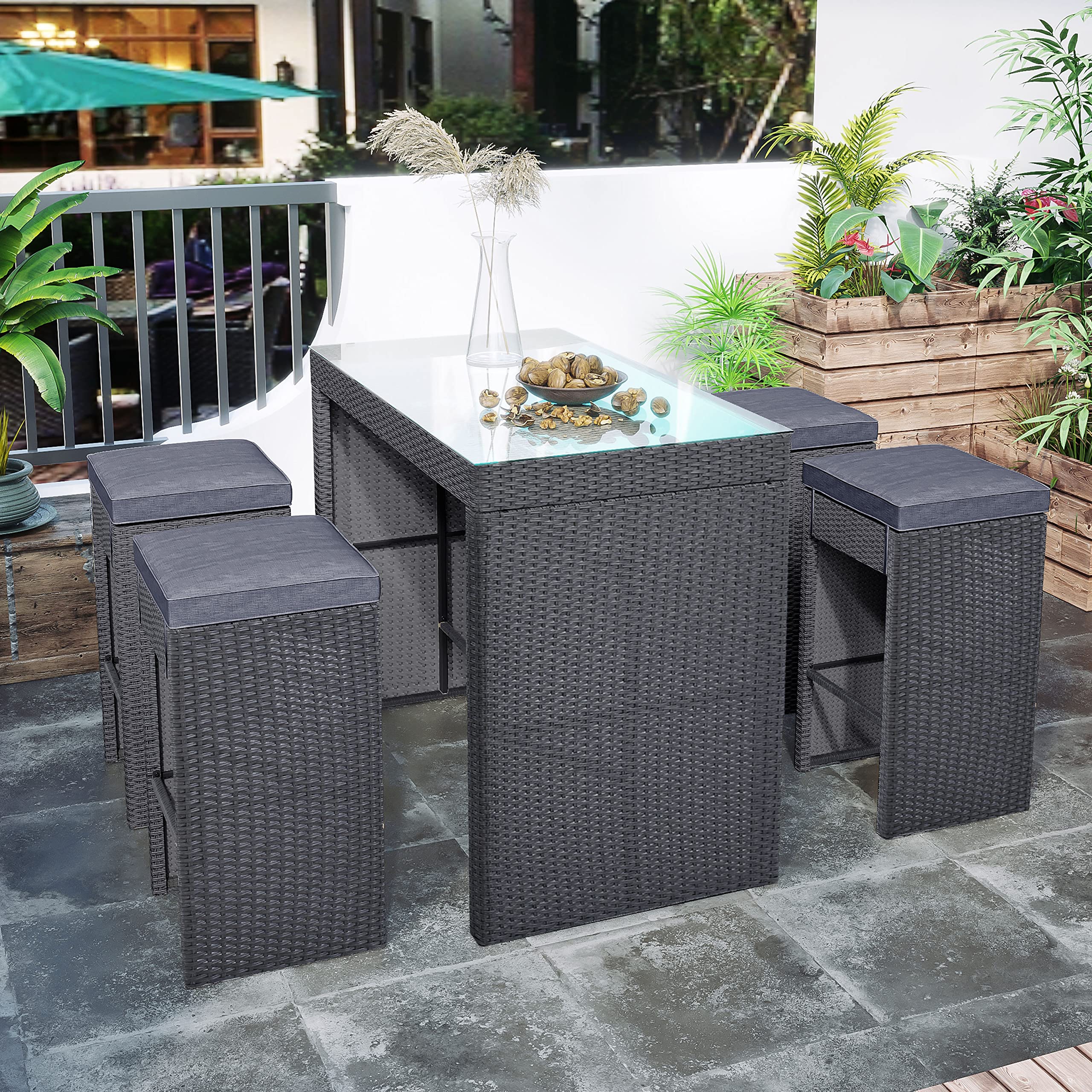 5-Piece Rattan Outdoor Patio Furniture Set with 4 Stools & Gray Cushions - Wicker Bar Dining Table for Backyard, Garden, Poolside or Balcony
