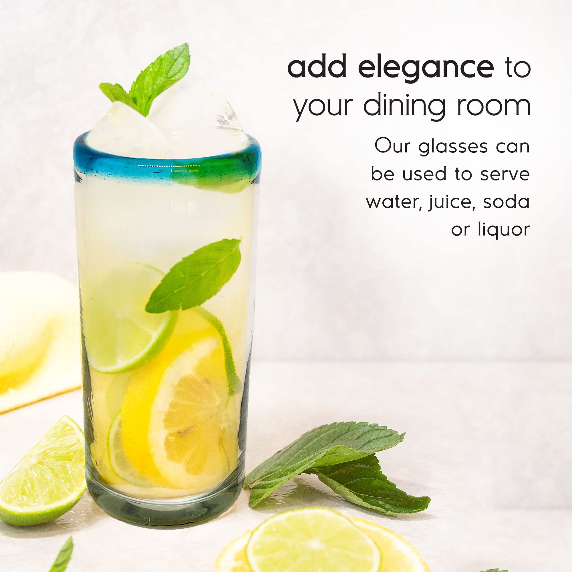 Premium 20 oz Aqua Blue Rim Tall Iced Tea Glasses - Set of 6 Handmade Mexican Recycled Glass Cups | Lead-Free & Non-Toxic | Perfect for Iced Tea, Lemonade, Cocktails & Summer Beverages