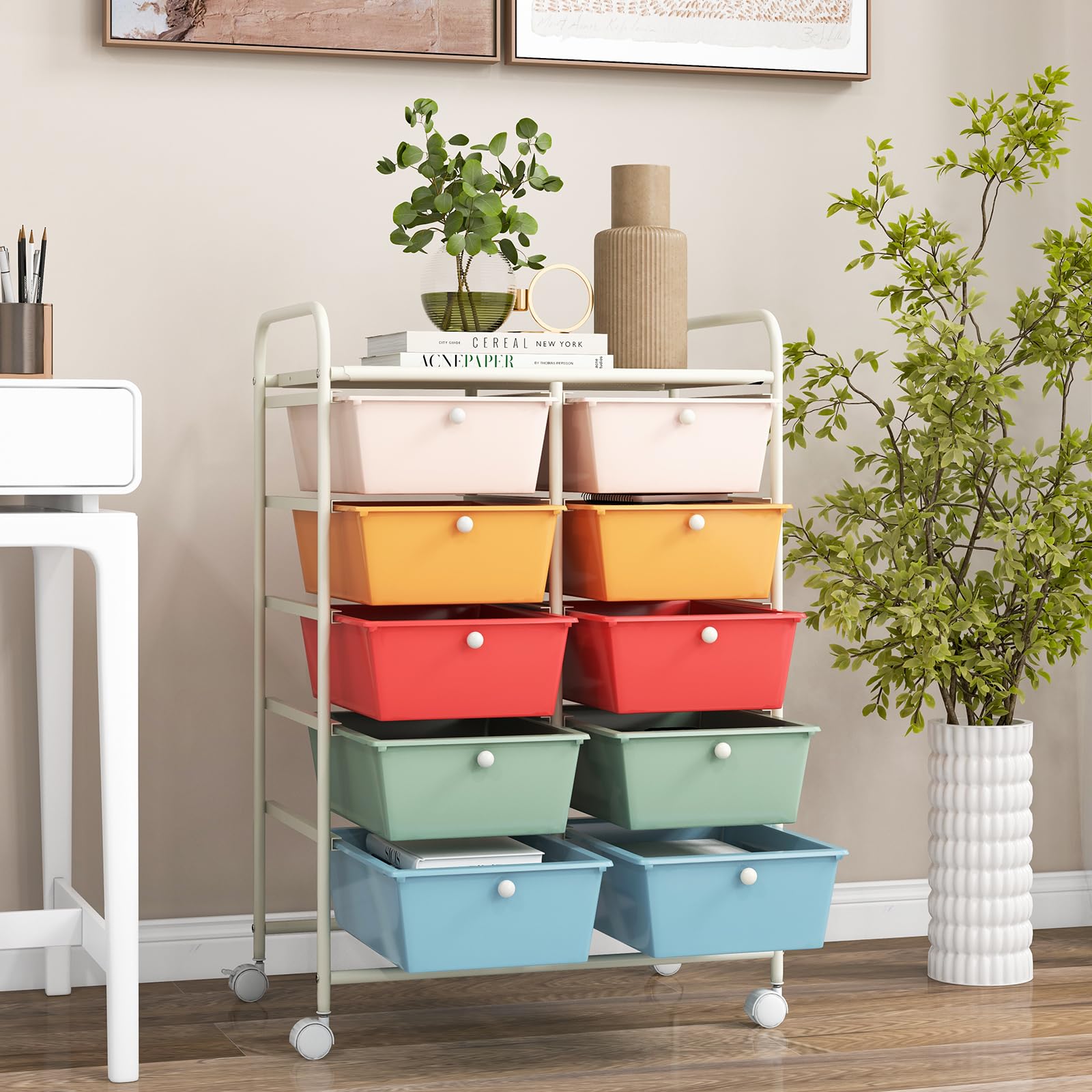 Byroce 10-Drawer Rolling Cart with Wheels - Multipurpose Craft Storage Organizer for Art Supplies, Tools, Paper - Perfect for School, Teacher, Home & Office Organization (Macaroon) - Ideal for Classroom Supplies, Craft Room Storage & Office Organization
