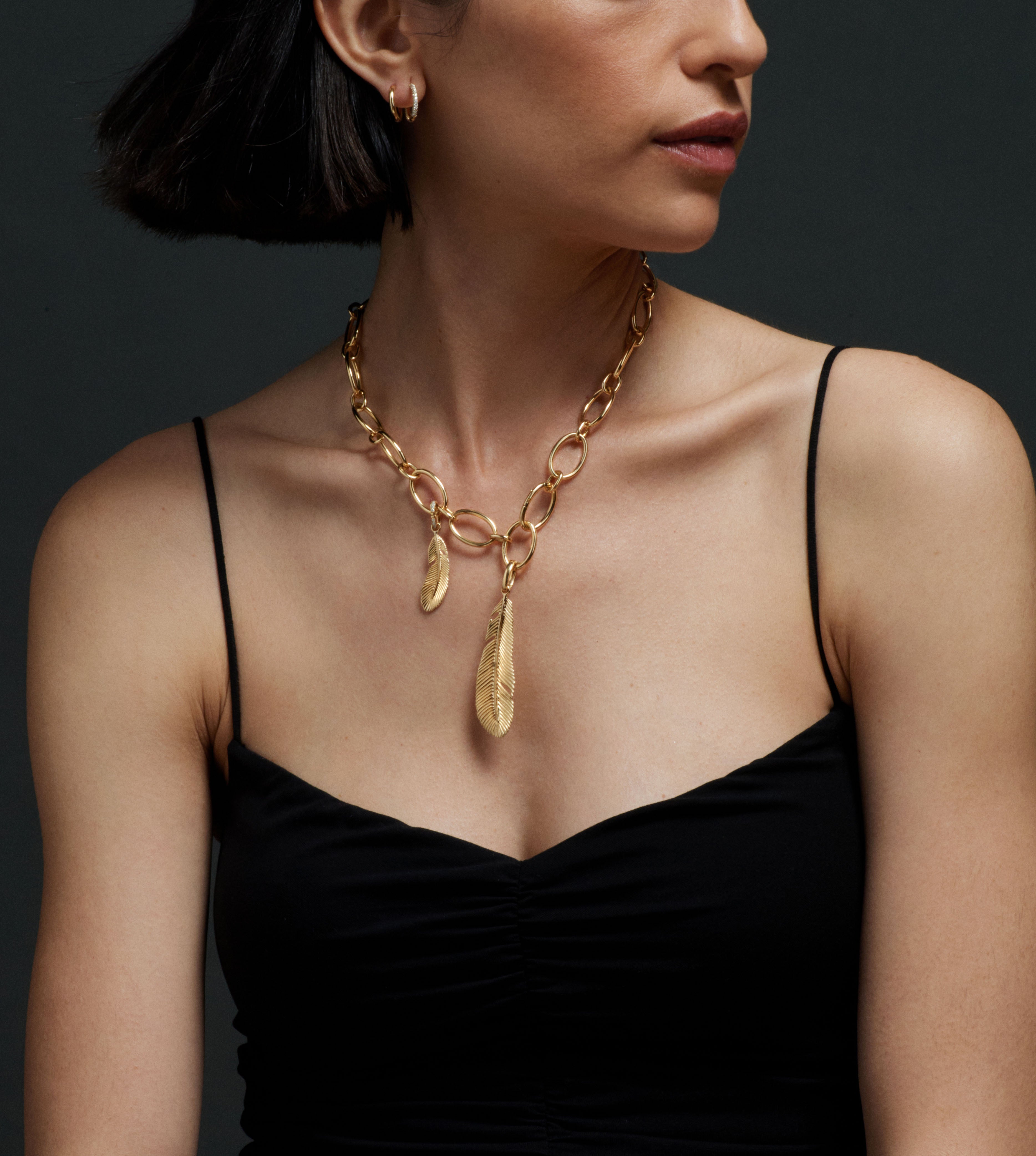 Feather Large Pendant Necklace in 14K Yellow Gold with Annex Link Chain - Elegant Jewelry Gift for Women, Perfect for Weddings, Parties & Special Occasions