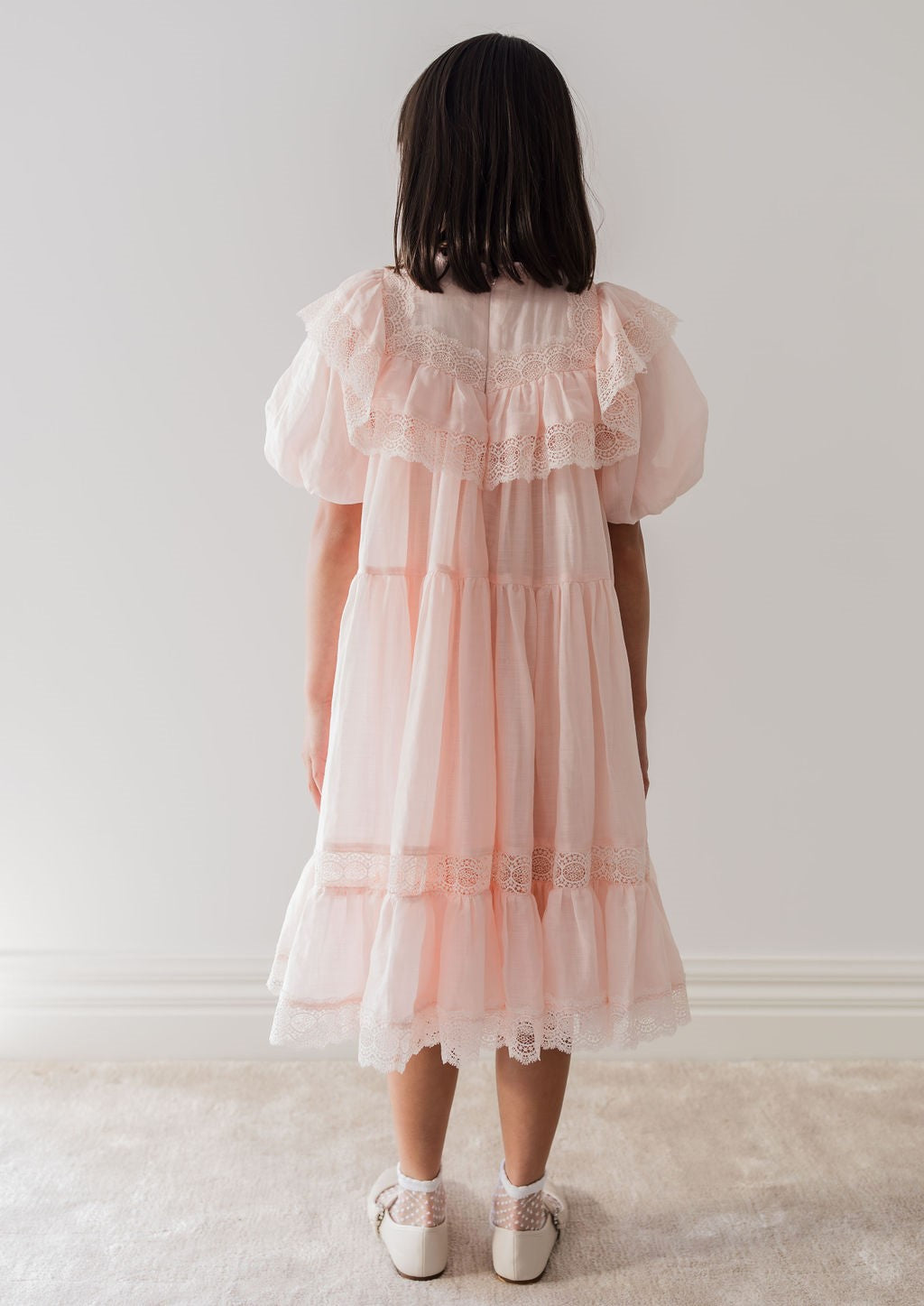 Petite Amalie Short Sleeve Poppy Lace Trim Soft Peach Dress - Perfect for Spring Weddings & Garden Parties