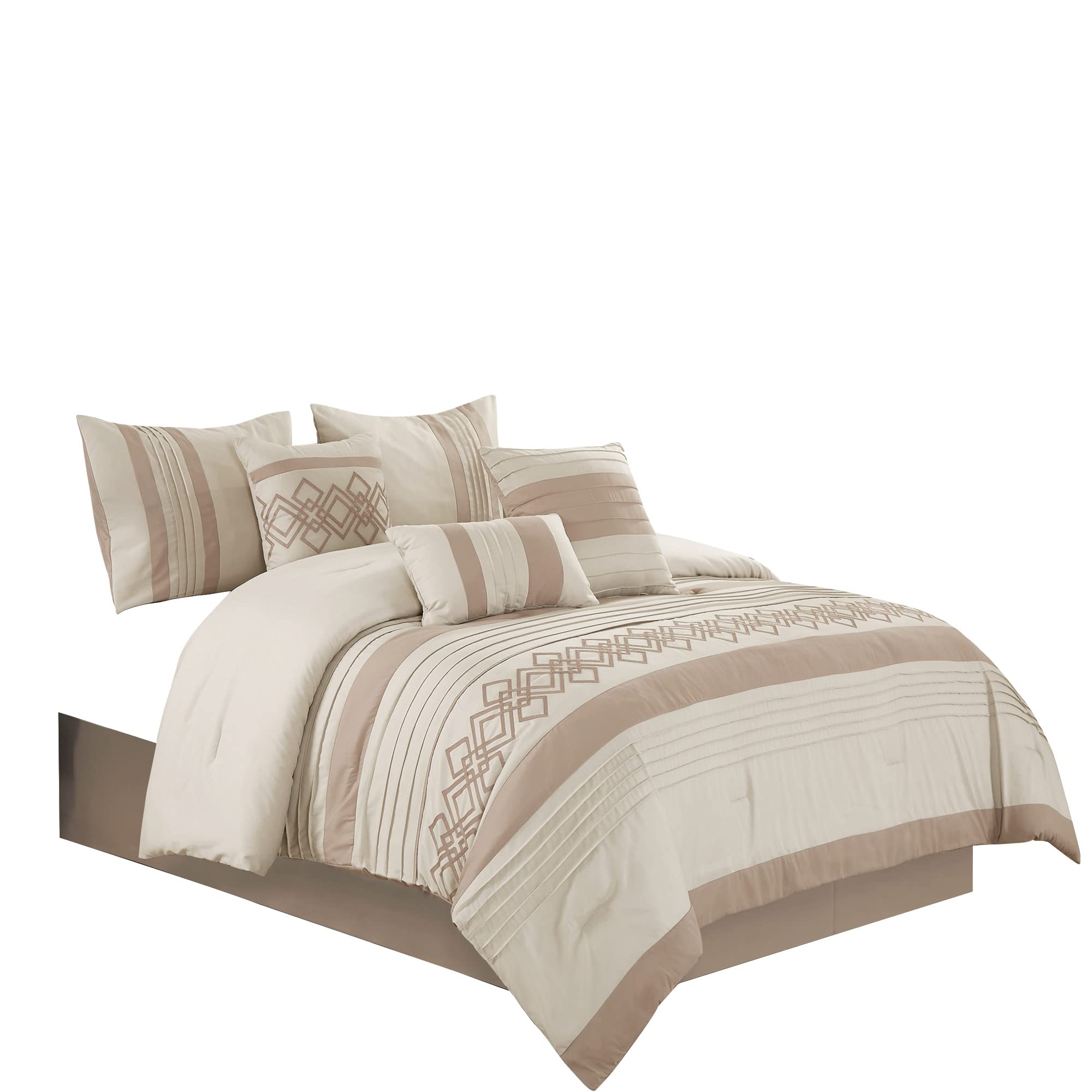 Chezmoi Collection Ariel 7-Piece Taupe Geometric Chenille Embroidery Pleated Striped Comforter Bedding Set Queen Size - Soft Luxury Bedroom Decor for Modern Homes & Guest Rooms