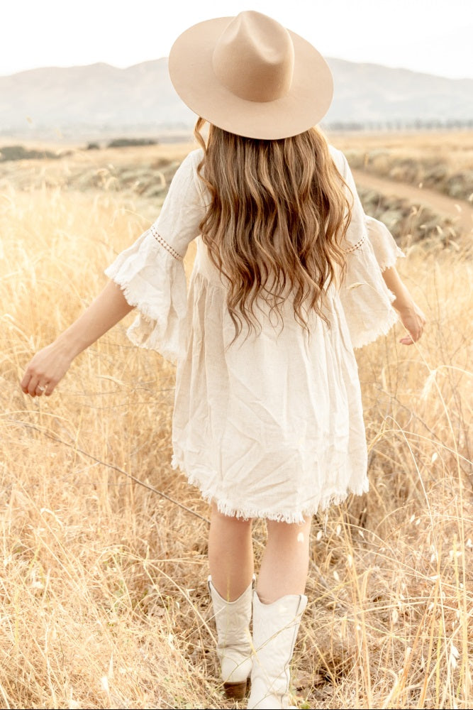 Beige Raw Edge Bell Sleeve Babydoll Dress for Women - Boho Chic Lace Trim Mini Dress - Perfect for Summer, Beach, Music Festivals & Date Nights