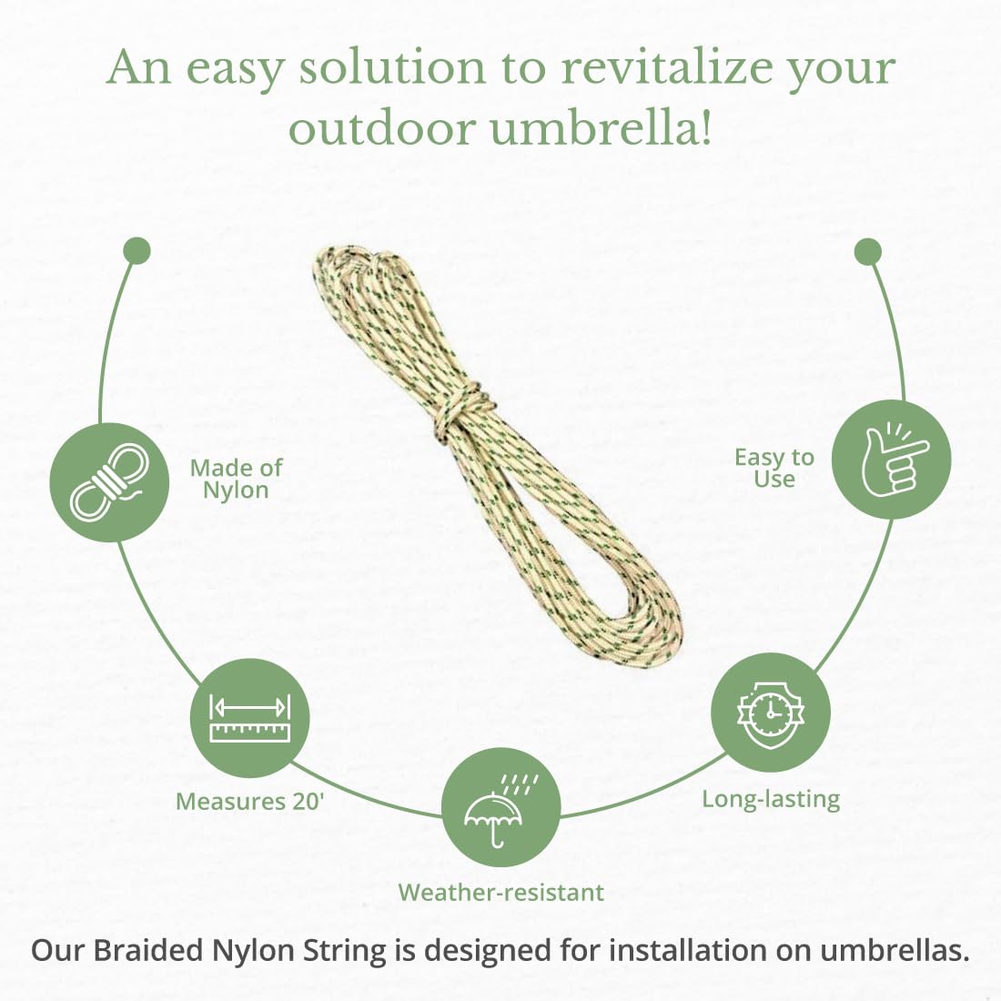 20' Braided Nylon Rope for Patio Umbrella Replacement - Heavy Duty Outdoor String for Canopy, Shade Sail & Garden Use - Weather Resistant Cord for DIY Projects & Home Improvement