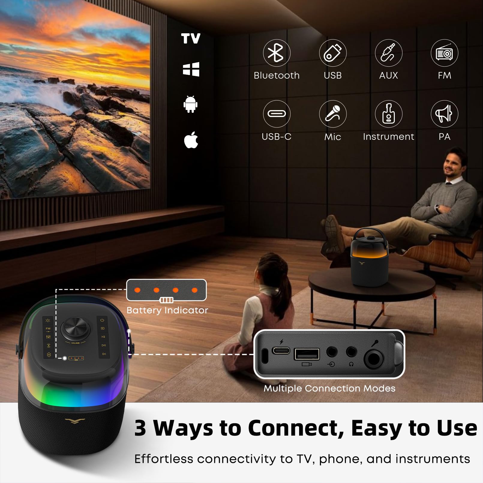 50W(80W Peak) Portable Bluetooth Speaker with 360° LED Light Show, Deep Bass & Stereo Sound - Waterproof Wireless Speaker with FM/AUX/USB/TWS/6.35mm Input - Perfect for Outdoor Parties, Home Entertainment & Gift Giving