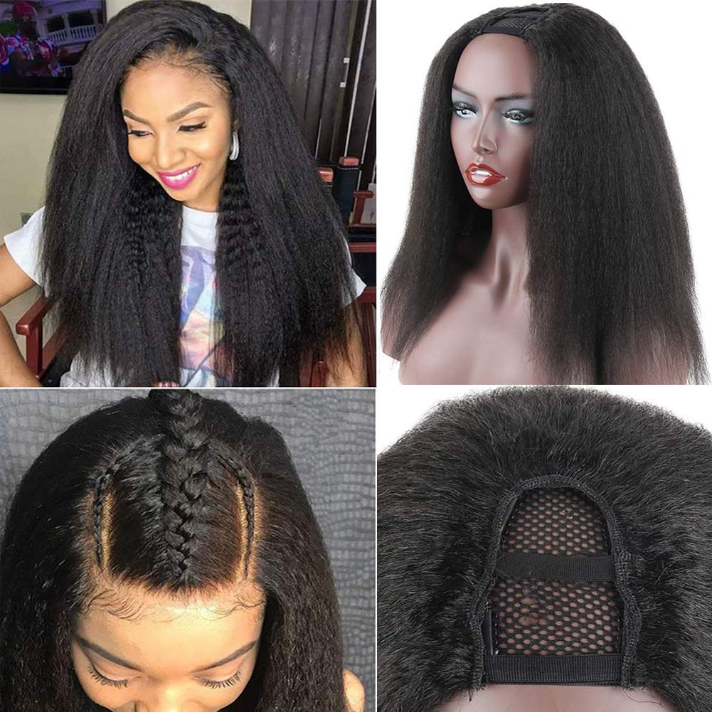 16 Inch Yaki U Part Wig for Black Women - Kinky Straight Synthetic Hair with 150 Density, Natural 4C Texture | Perfect for Daily Wear, Protective Styling & Special Occasions