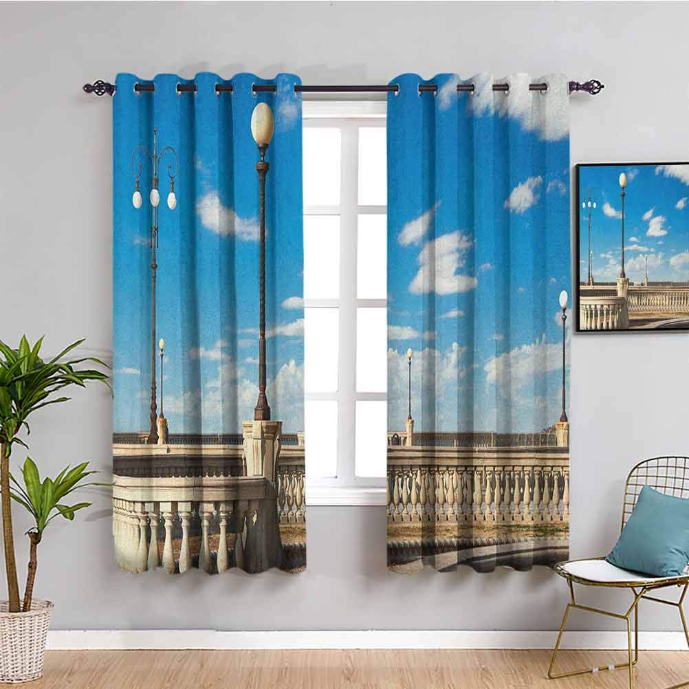 63 Inch Italian Fabric Curtain - Mascagni Terrace Street Art Print in Sky Blue, White & Black (55x63 Inch) | Tuscan Inspired Bathroom & Living Room Window Dressing