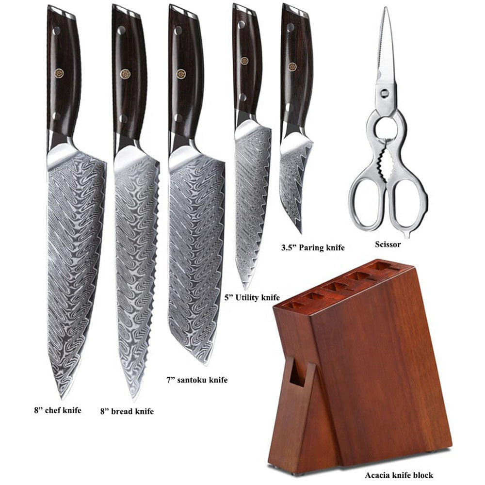 Premium 7-Piece Japanese VG10 High Carbon Steel Damascus Chef Knife Set with Scissors & Wooden Block - Perfect for Professional Kitchens, Home Cooking & Culinary Gifts