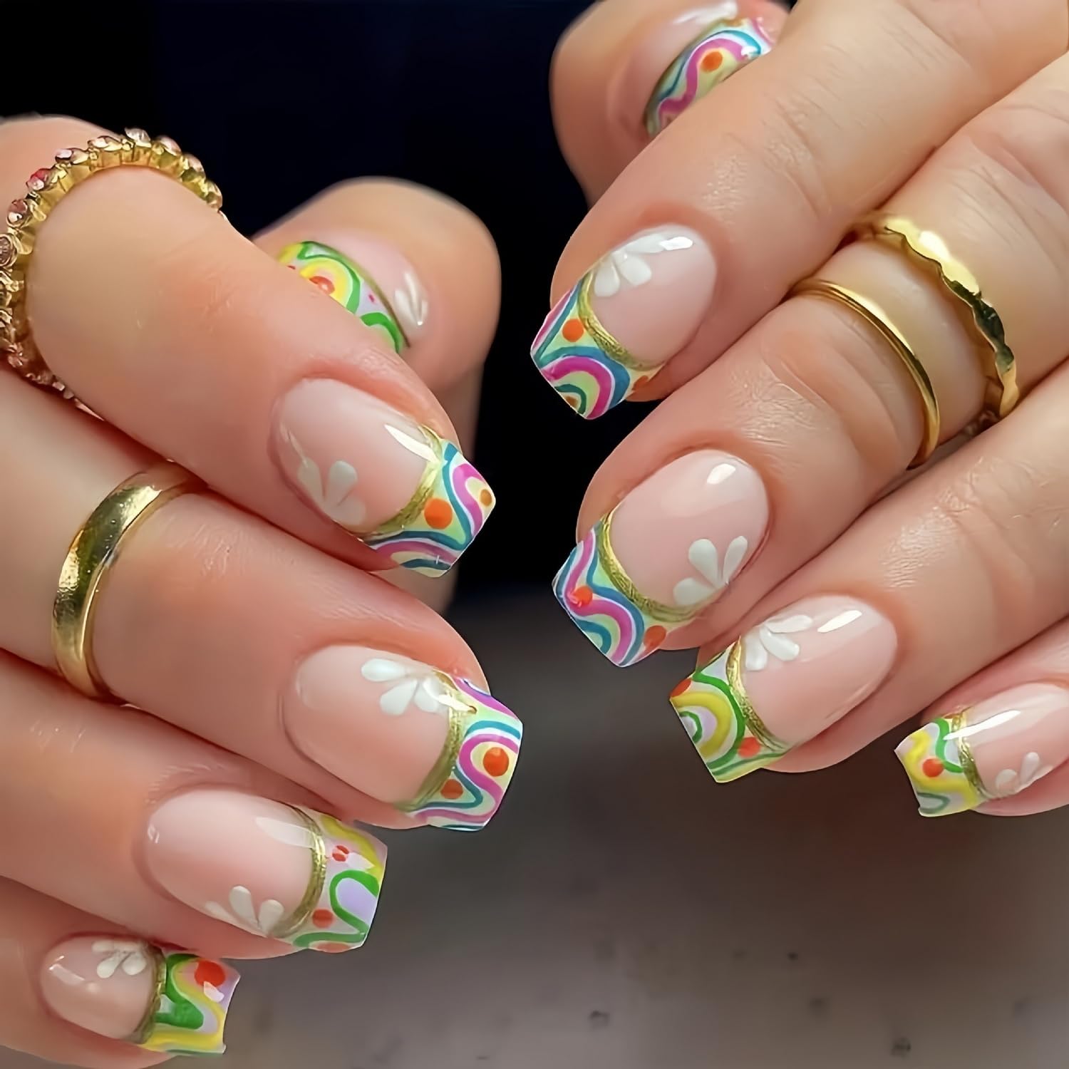 French Tip Press on Nails - Short Square Fake Nails with White Floral Design | Reusable Full Cover Acrylic Nails for Women | 24PCS Manicure Set | Perfect for Summer, Parties, Weddings & Everyday Wear
