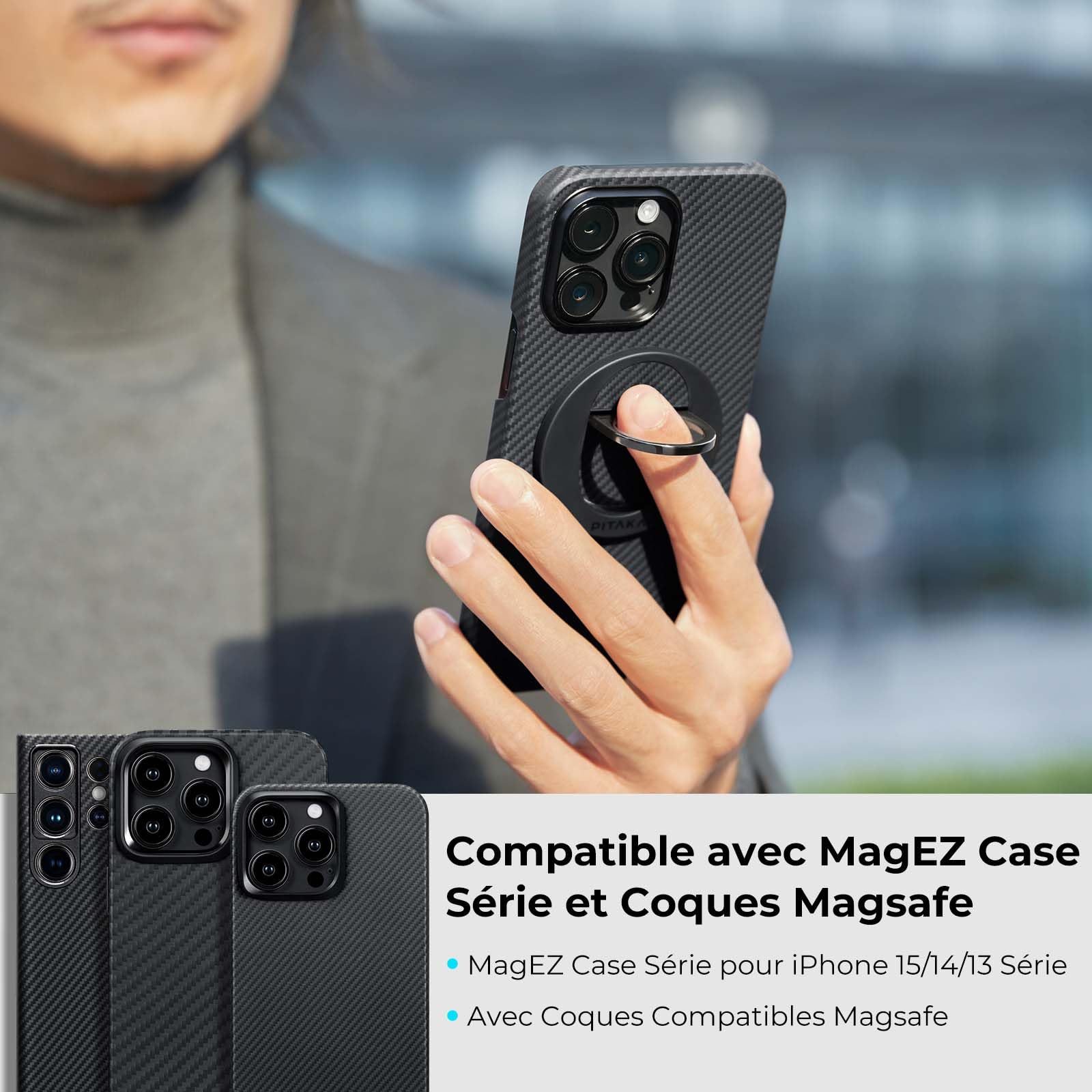 PITAKA MagEZ Grip 2 Magnetic Phone Ring Holder - Compatible with iPhone 15/14/13/12 Magsafe, Adjustable Finger Grip, Premium Aramid Fiber Case Accessory (Black/Grey) - Perfect for One-Hand Use, Gaming, and Secure Phone Handling