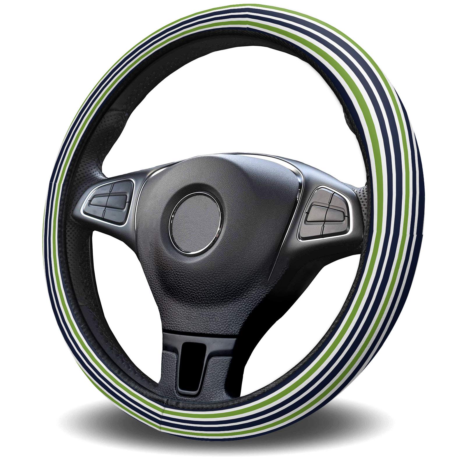 Universal 15-Inch Anti-Slip Steering Wheel Cover for Cars, Trucks & SUVs - Striped Green Navy Blue Washable Protector for Women & Men | Perfect for Commuting, Road Trips & Everyday Driving