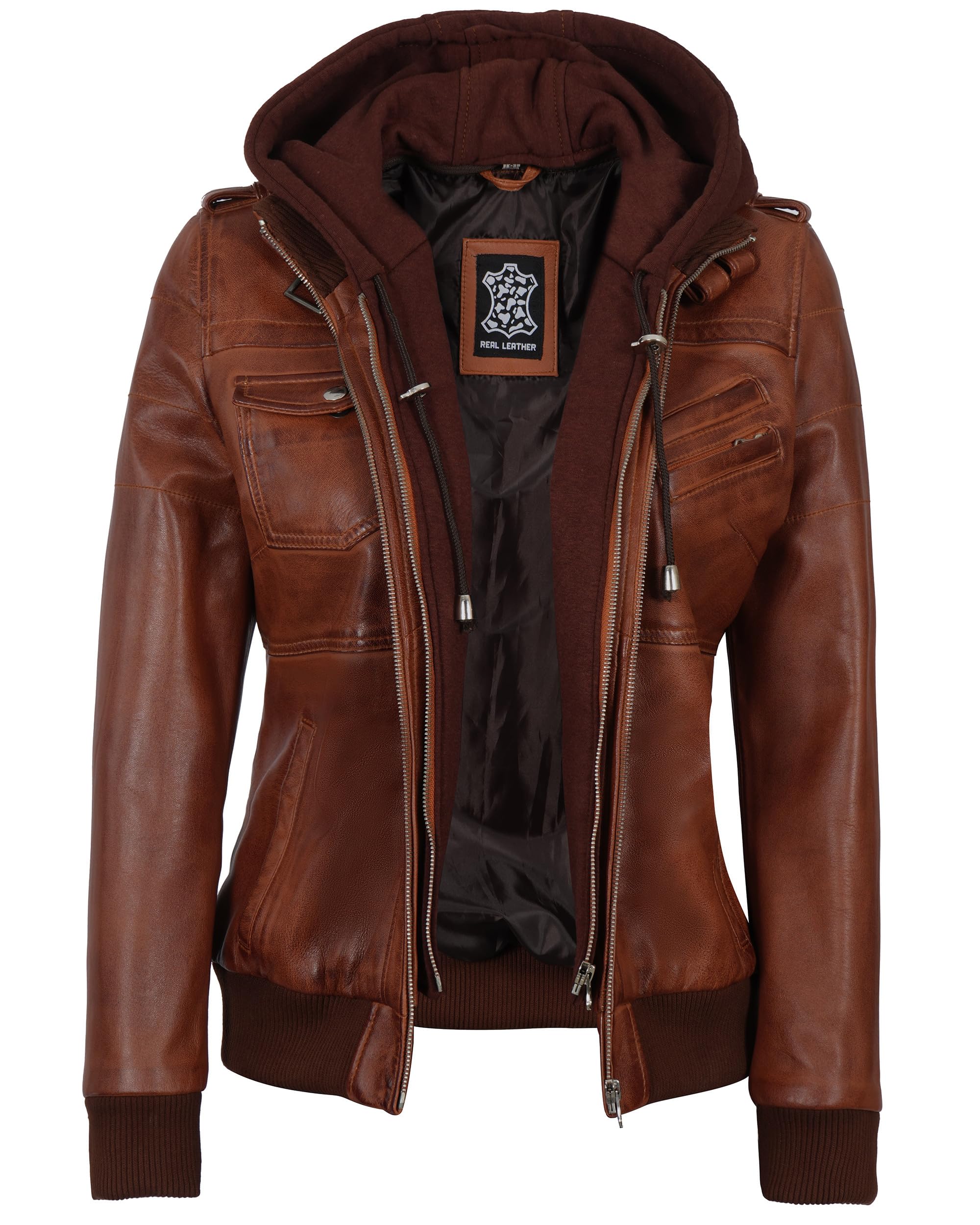 Decrum Genuine Leather Jacket for Women - Detachable Hood Bomber Jacket | Fall & Winter Fashion Outerwear | Perfect for Casual Wear, Date Nights & Outdoor Adventures
