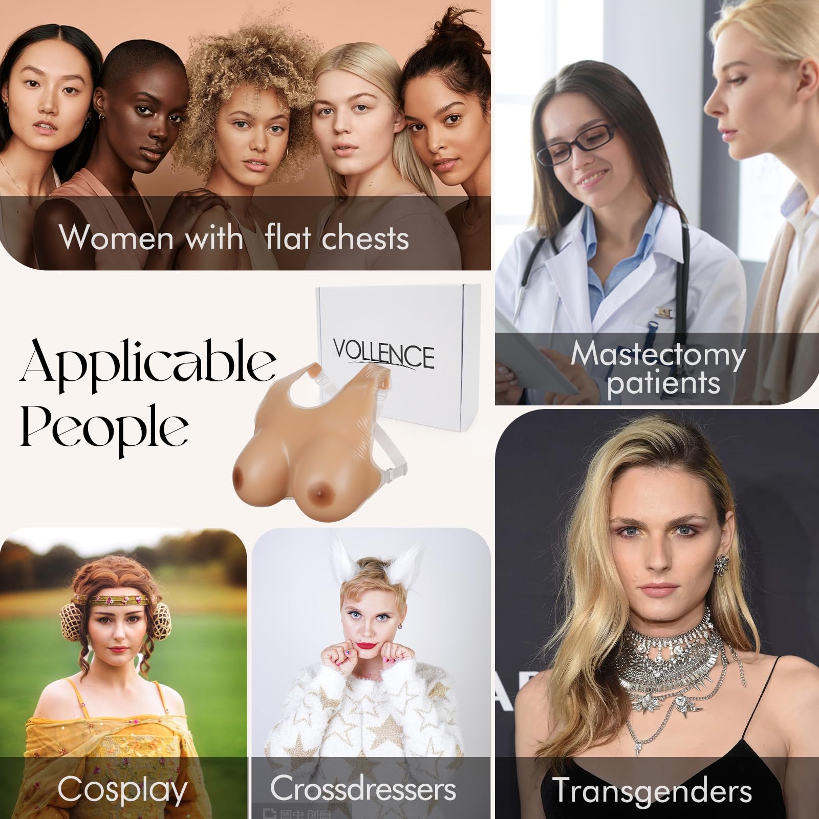 Vollence Silicone Breast Forms for Mastectomy & Crossdressing - Natural Looking Fake Boobs with Adjustable Straps - Perfect for Post-Surgery Recovery, Cosplay & Gender Transformation