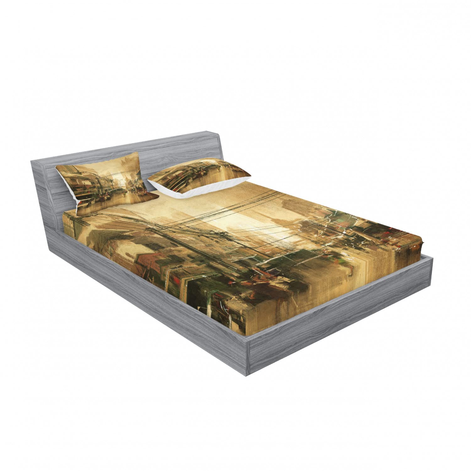 Ambesonne Retro 2-Pack King Size Fitted Sheet & Pillow Sham Set - City Street View Design - 4-Piece Bedding Decor in Sand Brown - Includes 2 Fitted Sheets & 4 Pillow Covers - Perfect for Urban Themed Bedrooms, Guest Rooms & Airbnb Styling