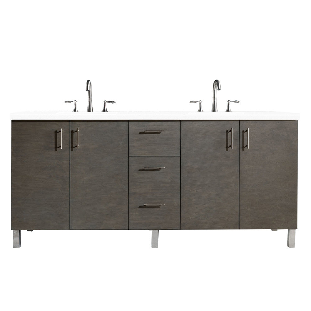 Metropolitan 72 Inch Double Bathroom Vanity with Silver Oak Finish & 3CM Classic White Quartz Countertop - Perfect for Master Bathroom Renovation & Modern Home Decor