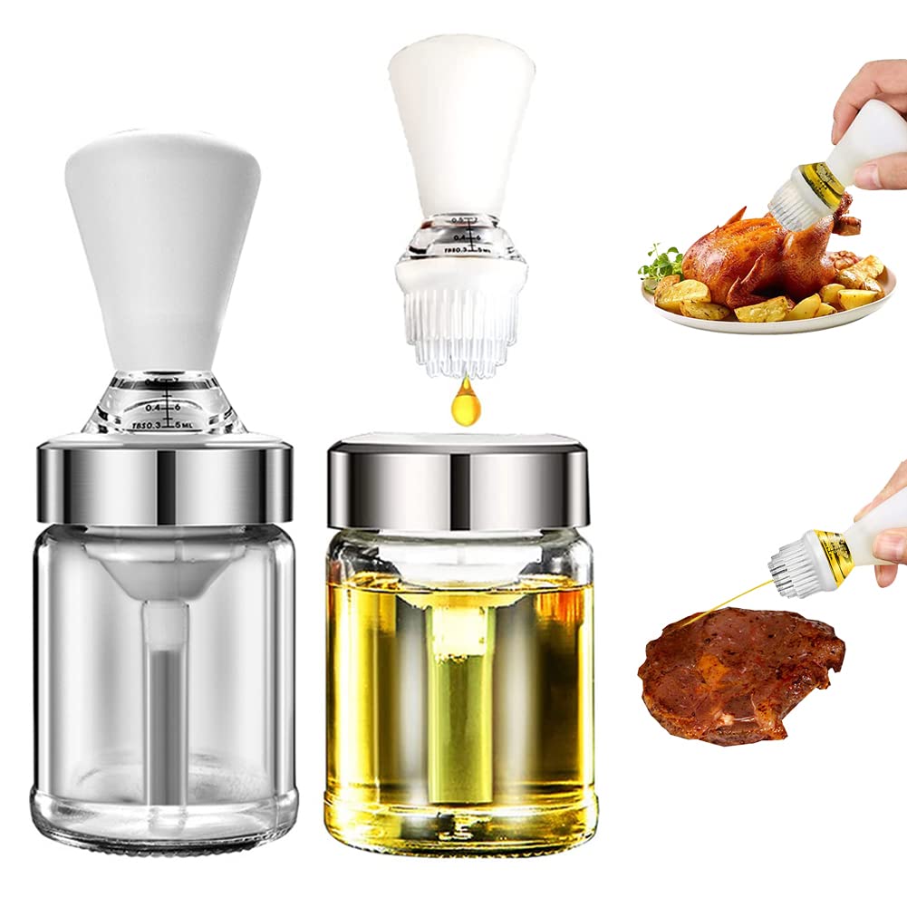 Premium Glass Olive Oil Dispenser Bottle with Silicone Brush & Dropper - 2-in-1 Kitchen Oil Container for Cooking, Frying, Baking, BBQ - Perfect for Salad Dressing, Marinades & Home Meal Prep