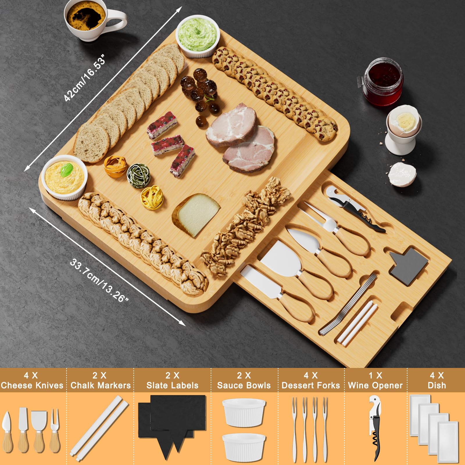 Premium Bamboo Charcuterie Board Set with Cheese Knives - Elegant Wooden Serving Tray for Wine, Meat & Cheese - Perfect for Dinner Parties, Wine Tasting & Holiday Gifting