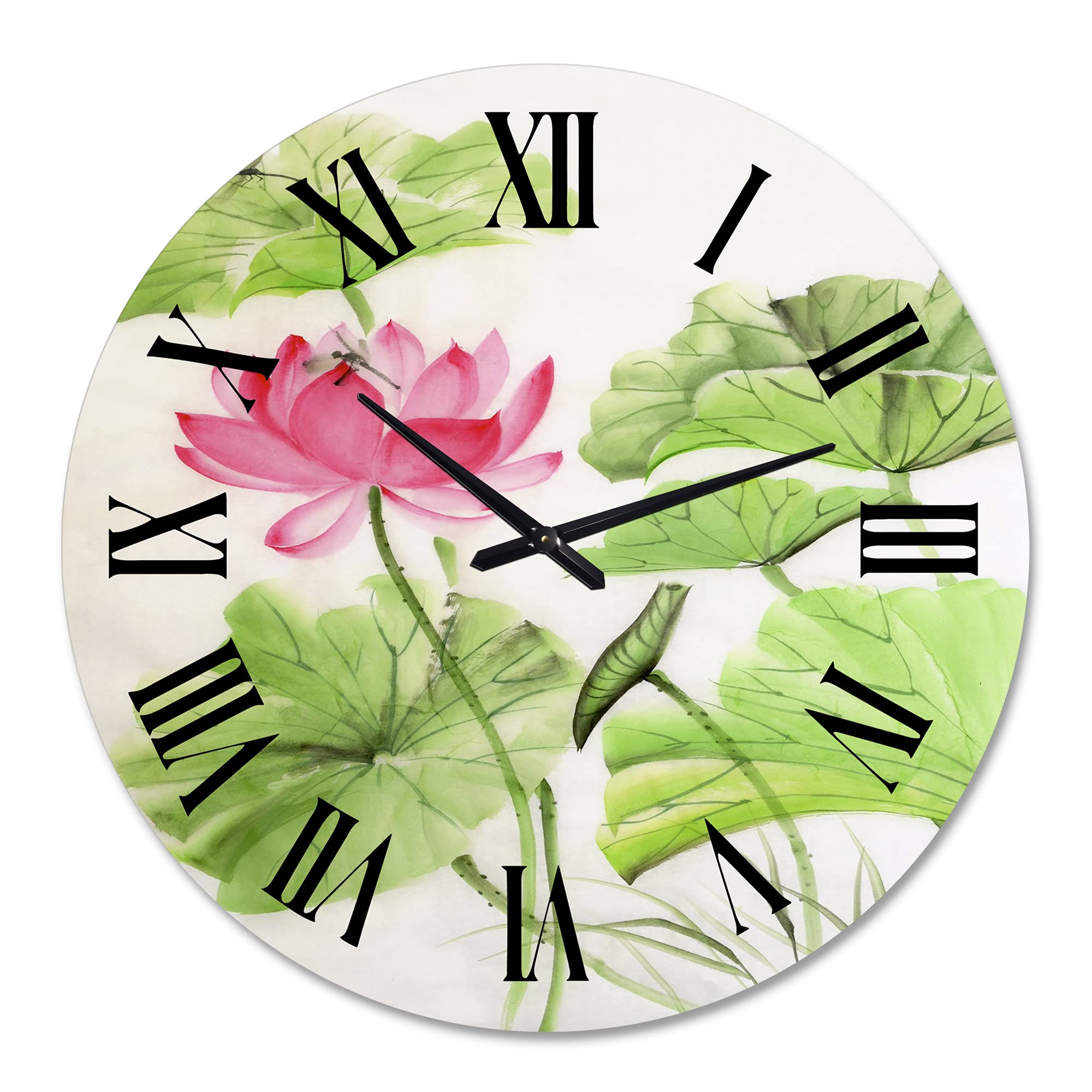 DesignQ Traditional 'Lotus and Dragonfly' Large Wall Clock - Floral Botanical Decor for Living Room, Bedroom & Office - Silent Non-Ticking Home Décor