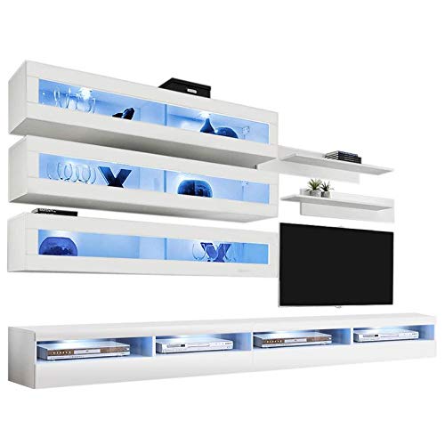 Modern White Wall-Mounted TV Stand with Storage & LED Lights - J2 35