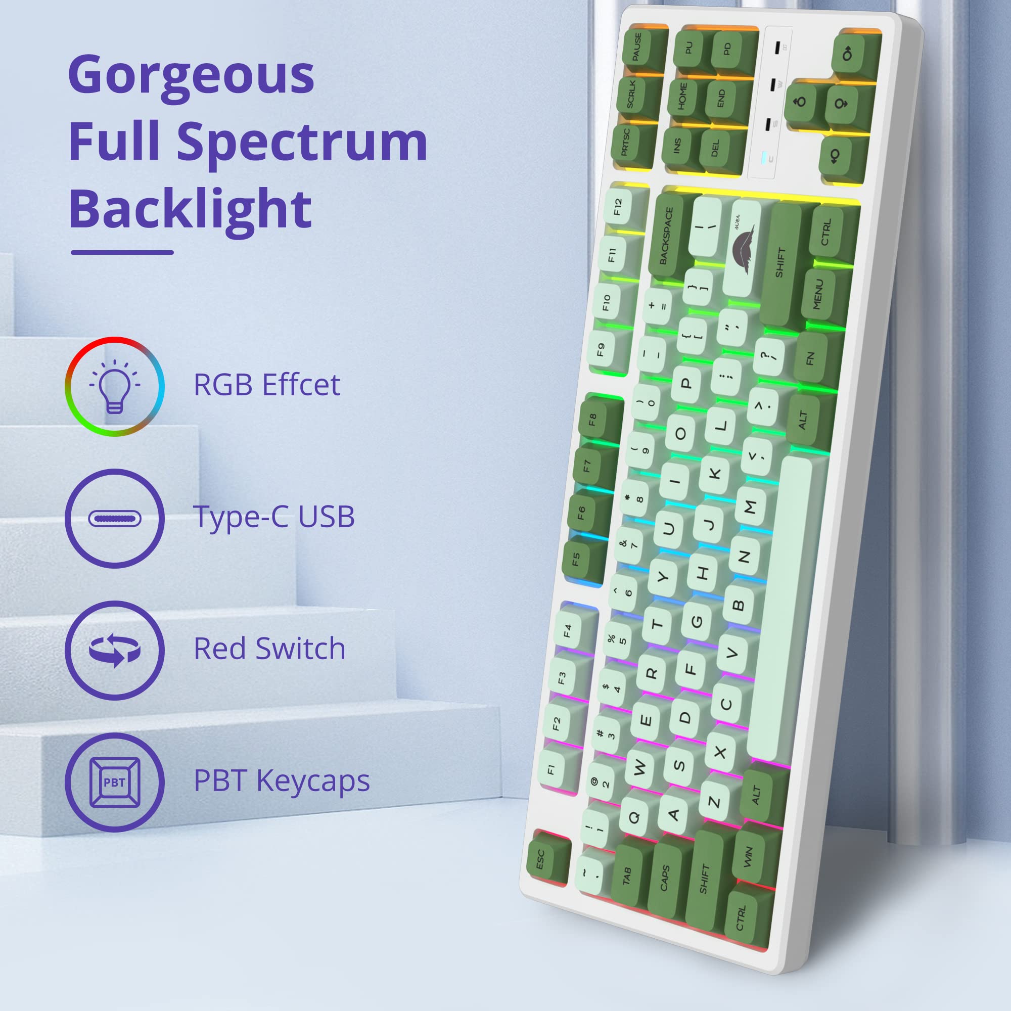 Fogruaden 75% Mechanical Keyboard with Red Switch, RGB Backlit Gaming Keyboard, 87 Keys Compact TKL Wired Keyboard for PC, Mac, Windows - Matcha Green | Perfect for Gaming, Typing & Office Work