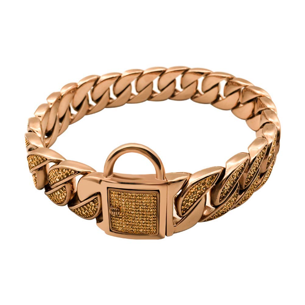 32MM Heavy Cuban Dog Chain with Safety Lock - 18K Rose Gold Stainless Steel Slip Chain Training Collar for Large & Medium Dogs (20inch/51cm) - Durable Metal Links for Daily Walks, Obedience Training & Pet Fashion Accessory