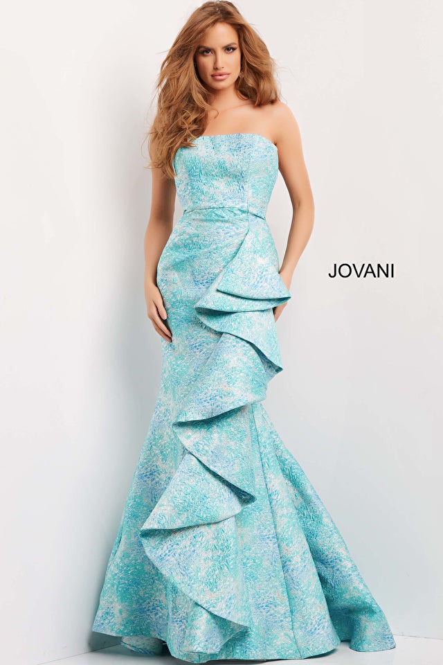 Jovani 08093 Blue Multi Ruffle Wrap Evening Gown - Elegant Formal Dress for Prom, Wedding, Cocktail Party & Special Occasions