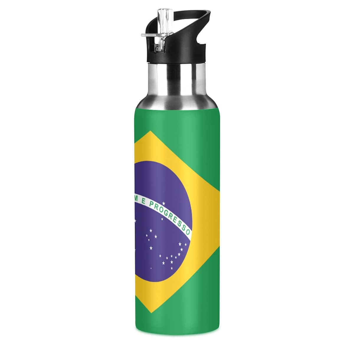 Brazil Flag Insulated Stainless Steel Water Bottle 20oz - BPA-Free, Leakproof & Sweatproof - Perfect for Sports, Cycling, Gym, Work & Travel