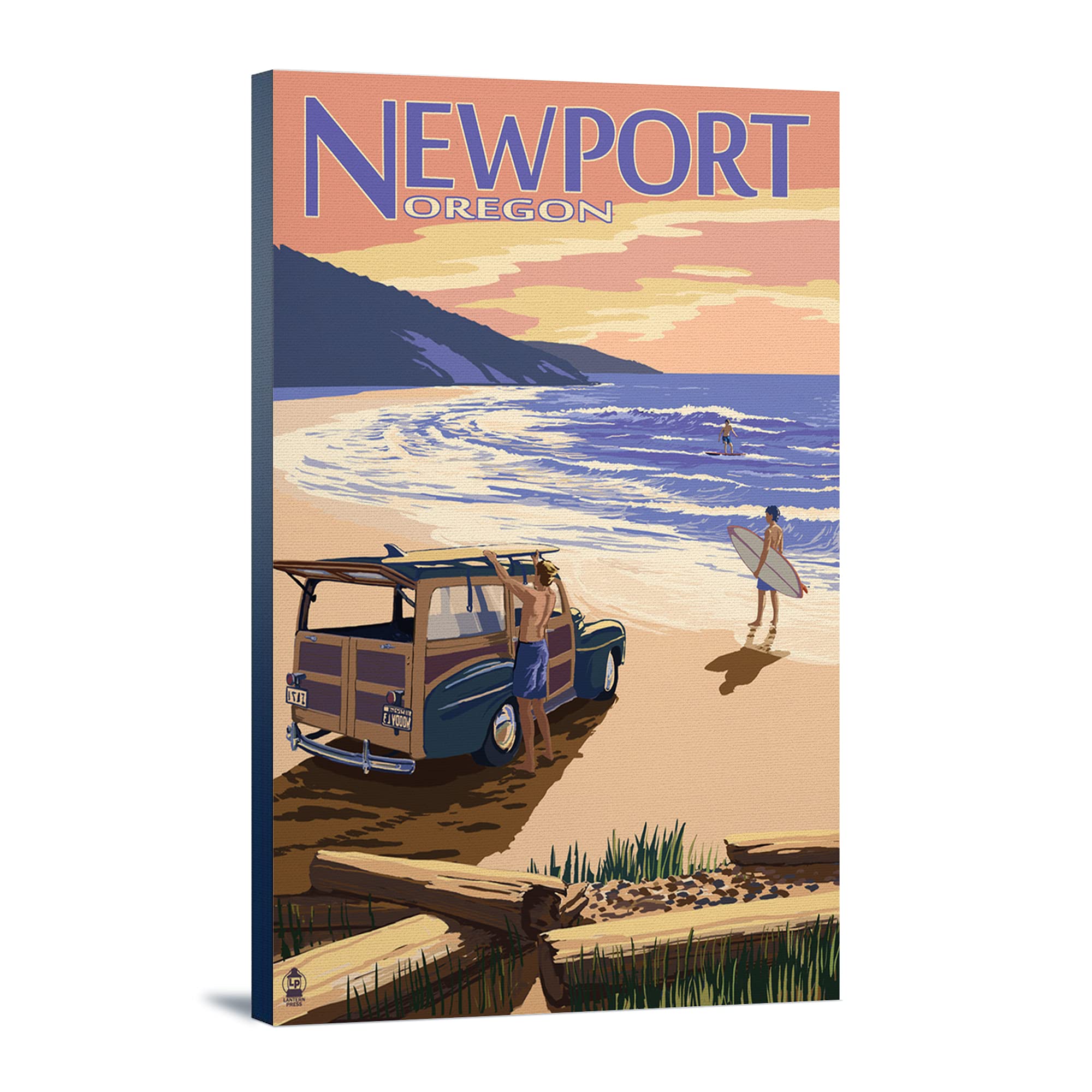 Woody Car on Beach at Newport Oregon - 24x36 Stretched Canvas Wall Art for Living Room, Bedroom & Office Decor