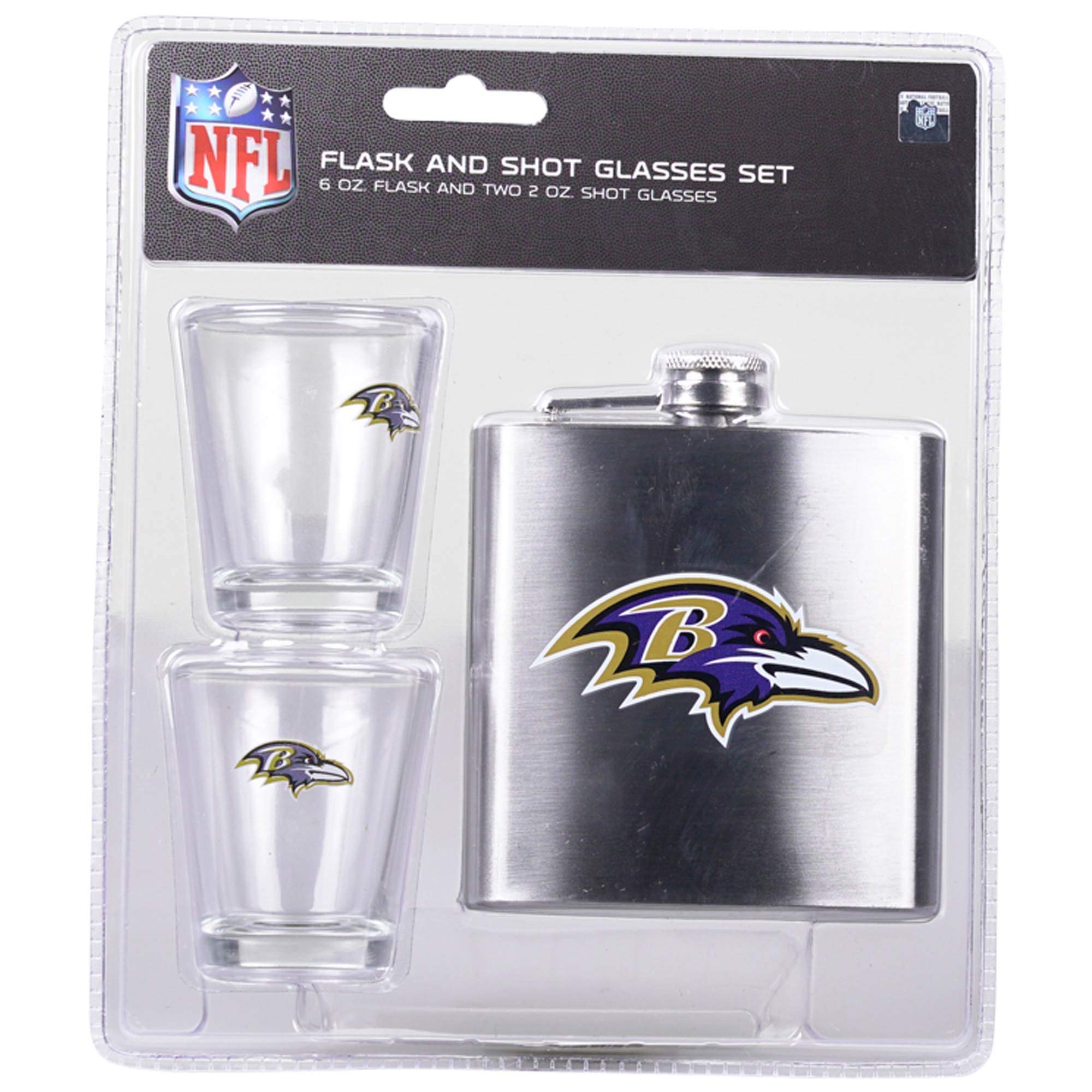 NFL Team Logo Shot Glasses and Brushed Stainless Steel Flask Gift Set - Perfect for Game Day Parties, Tailgating & Sports Fan Gifts