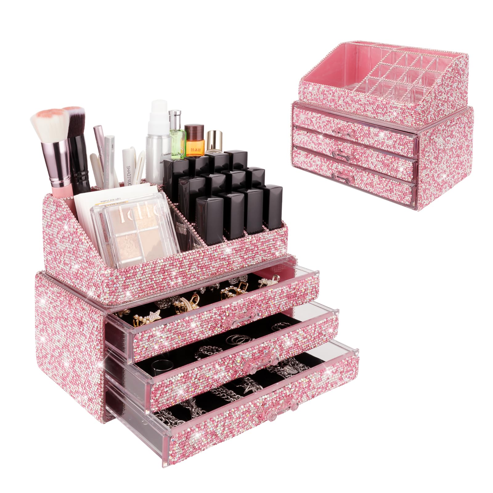 KEYPOWER Bling Diamond Makeup Organizer Drawer Set - 2 Piece Pink Cosmetic Storage Box with Jewelry Display & Brush Holder | Handmade for Vanity, Bathroom, or Dresser Countertop Organization