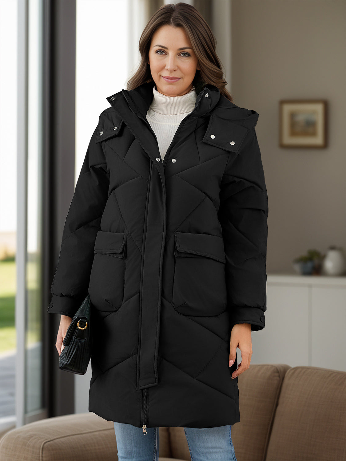 Men's Long Sleeve Longline Hooded Winter Coat with Pockets - Warm Fleece Lined Jacket for Cold Weather Outdoor Activities