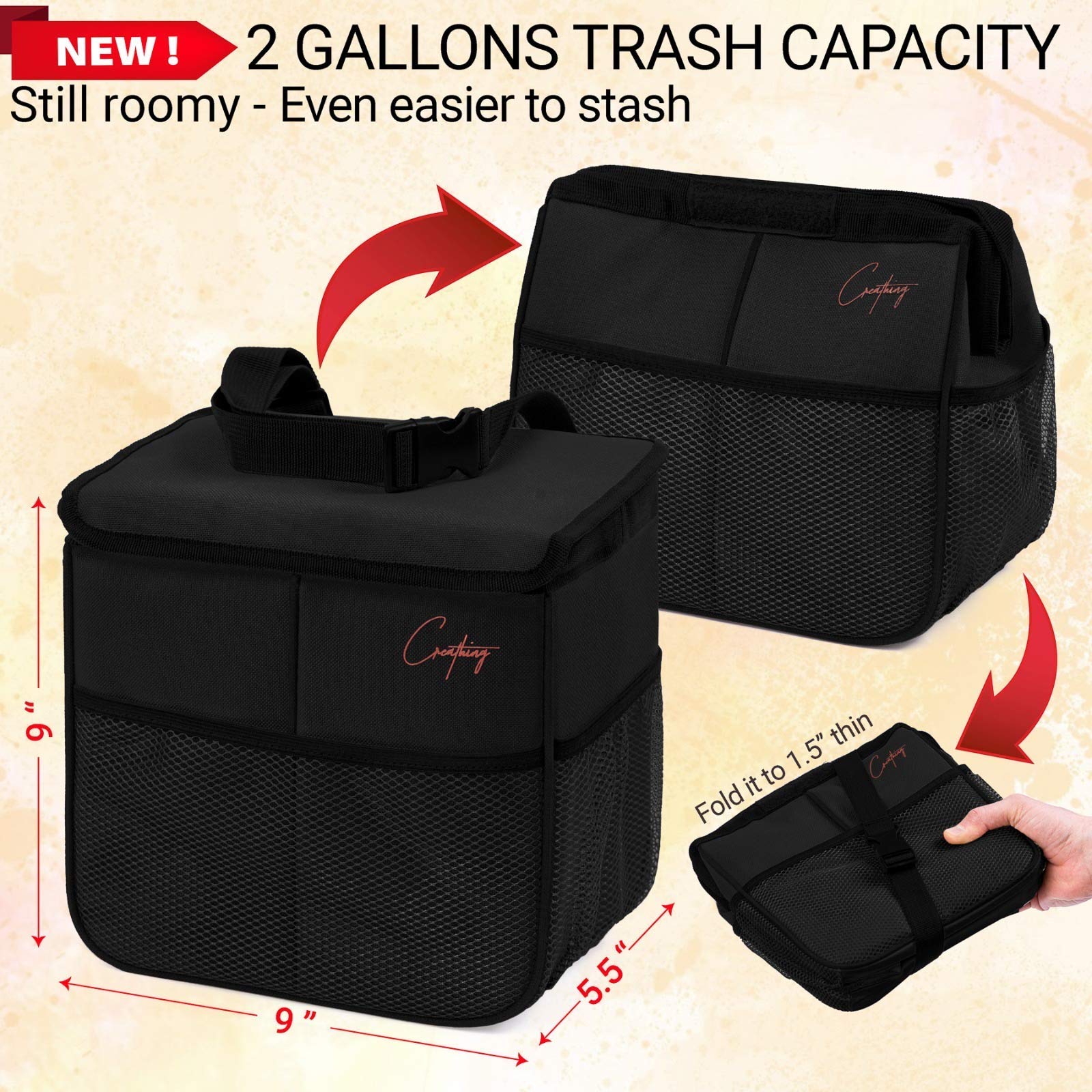 Foldable Waterproof Car Trash Can - 2 Gallon Organizer Bag for Console & Seat | Medium Black Auto Garbage Bin | Perfect for Road Trips, Commuting & Keeping Your Vehicle Clean