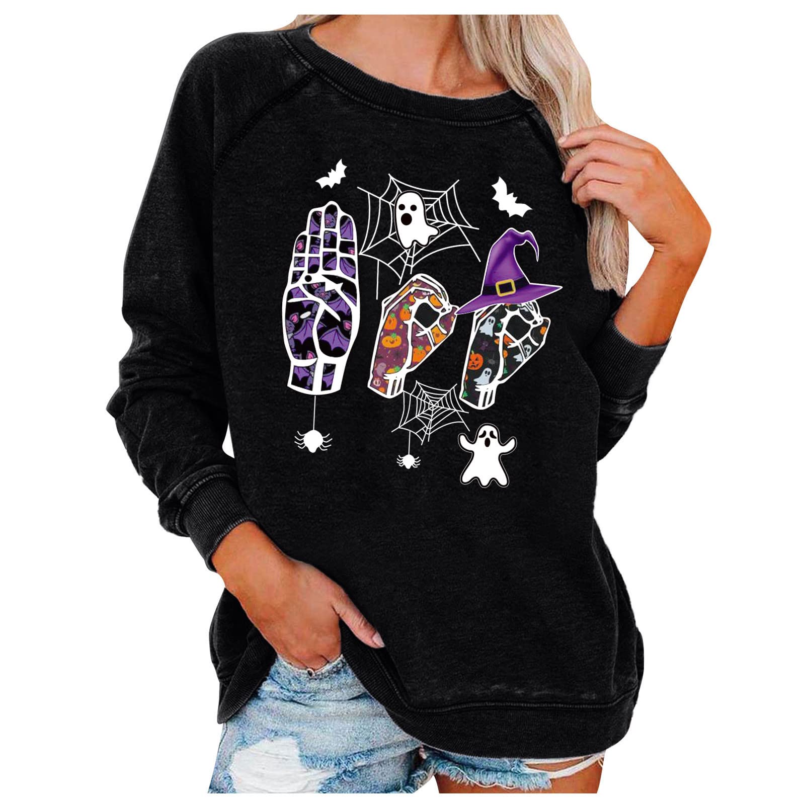 Women's Halloween Drop Shoulder Sweatshirt - Printed Loose Fit Pullover Sweater for Fall & Autumn | Cozy Casual Outfit for Halloween Parties, Trick or Treating & Seasonal Fashion