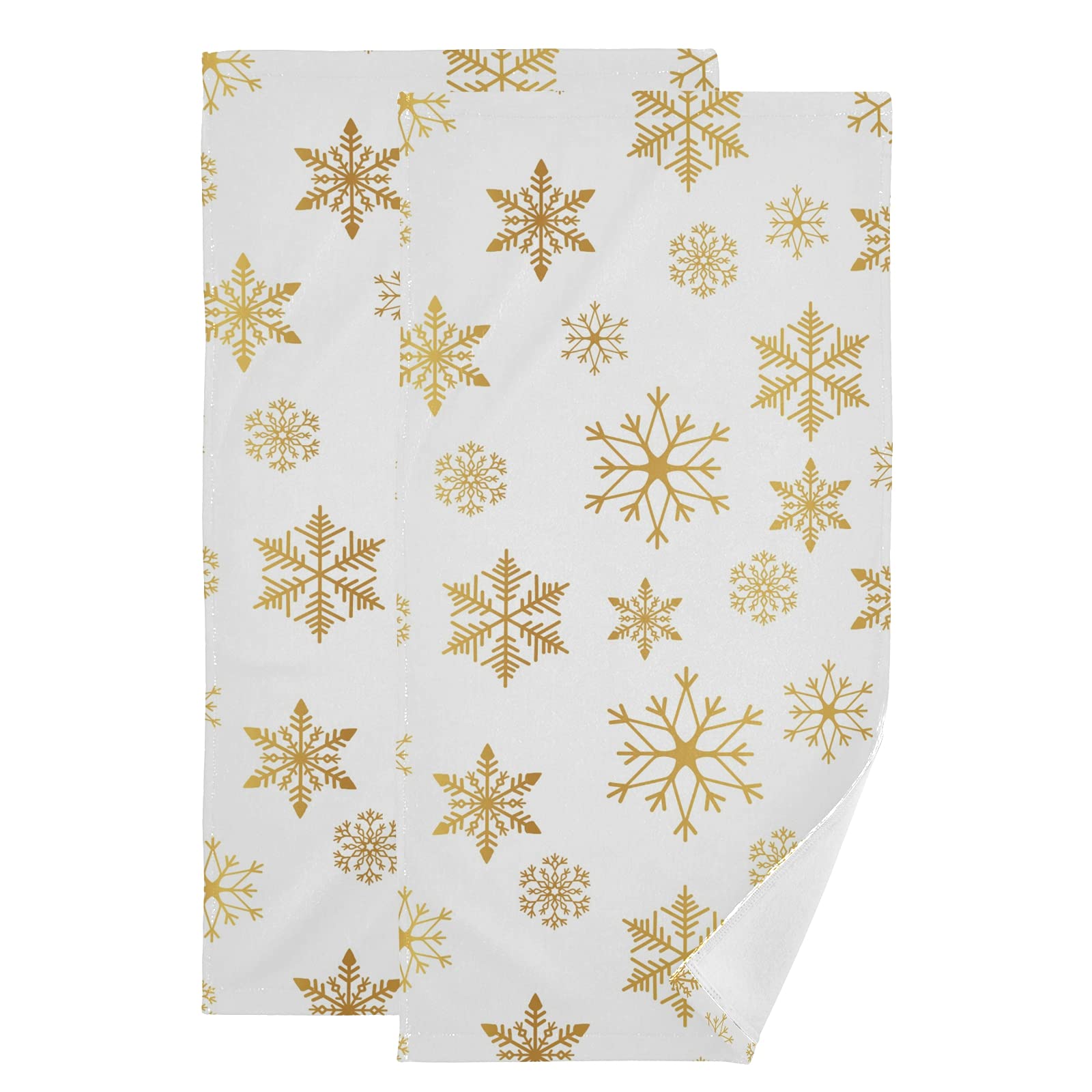 Golden Snowflake Christmas Hand Towels Set of 2 - 14x28 Inch Soft Bathroom & Kitchen Towels for Guest Face, Tea Dish - Holiday Home Decor & Winter Party Essentials
