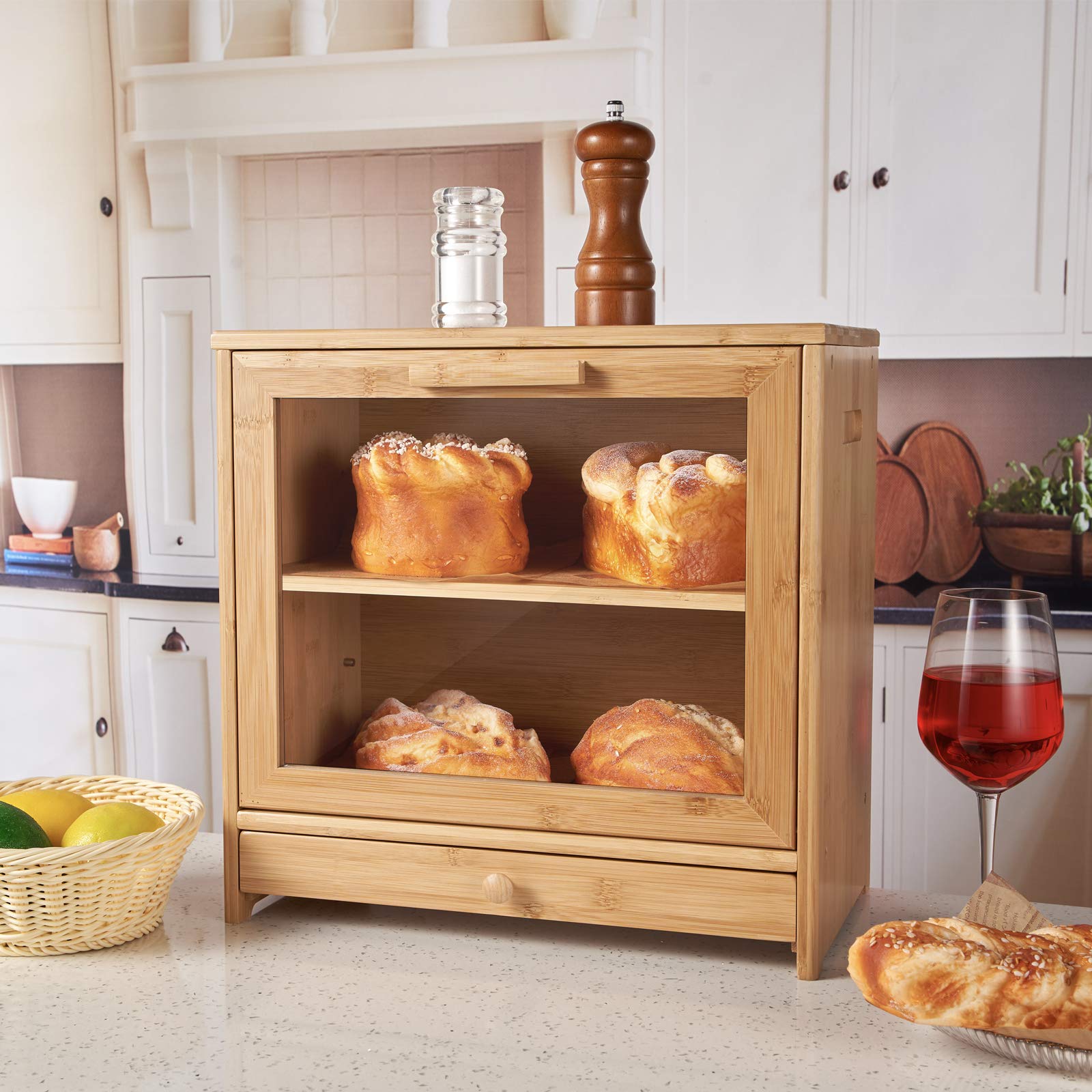 Large Bamboo Bread Box for Kitchen Countertop - Double Layer Bread Storage Container with Utensil Tray Drawer Organizer | High Capacity Bread Keeper for Fresh Baguettes, Sourdough & Pastries | Perfect for Bakeries, Restaurants & Home Kitchens
