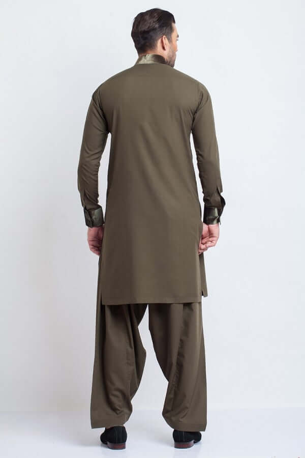 Khaki Green Soft Cotton Shalwar Kameez for Women - Traditional Pakistani Velvet Embroidered Outfit - Perfect for Eid, Weddings & Special Occasions