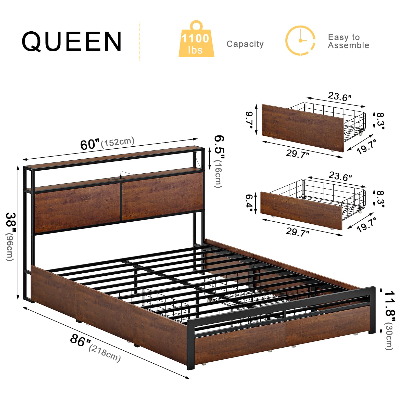 HAUSOURCE Queen Size Bed Frame with Storage Headboard, 4 Drawers & LED Lights - Sturdy Metal Platform Bed with Non-Slip Design & Quiet Mattress Foundation - No Box Spring Needed - Perfect for Small Bedrooms, Guest Rooms & Apartments