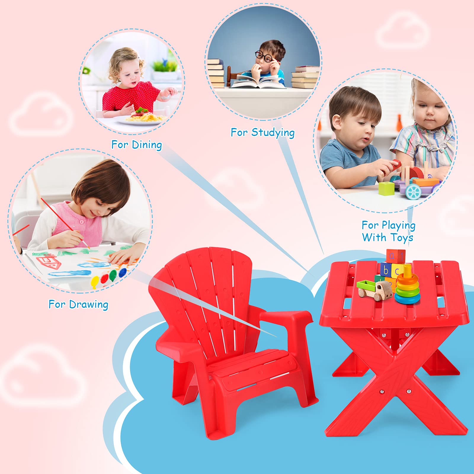 Costzon Kids Table and Chair Set - Outdoor Toddler Activity Table with 2 Adirondack Chairs for Picnic, Garden, Patio, Backyard & Beach - Durable Plastic Children's Furniture Set (Red) - Perfect for Outdoor Play, Snack Time, Arts & Crafts
